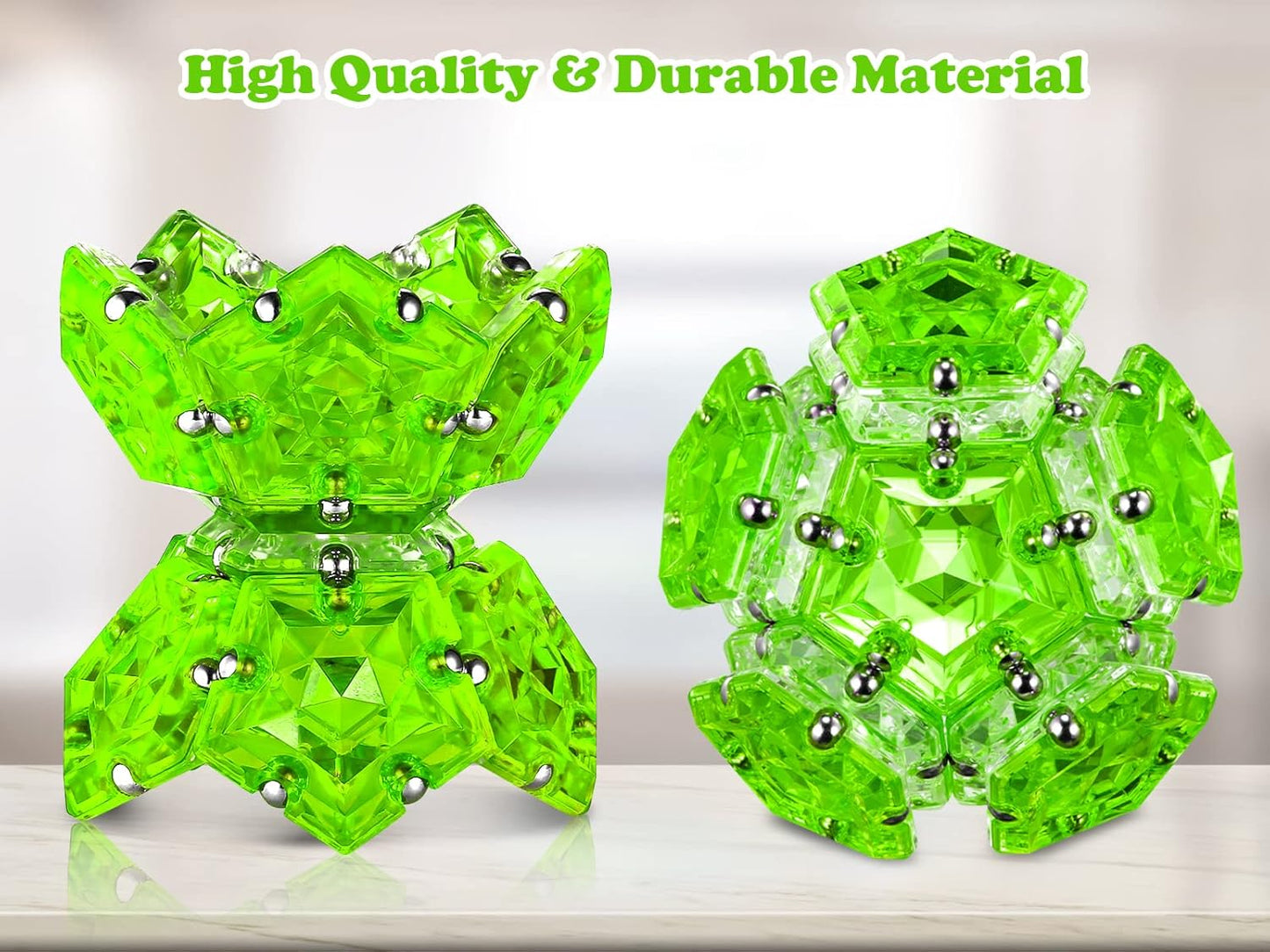RoomyRoc Magnetic Fidget Sphere - Pentagons Magnets Balls - 12 Piece Set - Crystal Bright Green - Magnet Fidgets Toy - Creativity Beyond Imagination, Inspirational, Recreational, Desk Toys for Adults