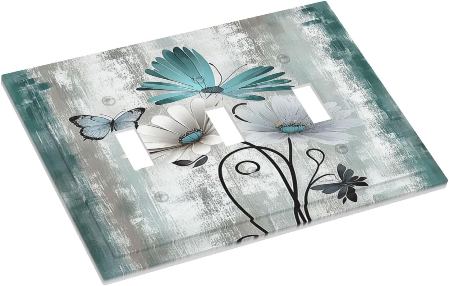 Decorative Switch Plates Rustic Teal Daisy Floral Flowers Butterfly Wood Grain 3 Gang Wall Plate Triple Toggle Light Switch Cover Faceplate Electrical Wall Panels for Bathroom Bedroom Decor