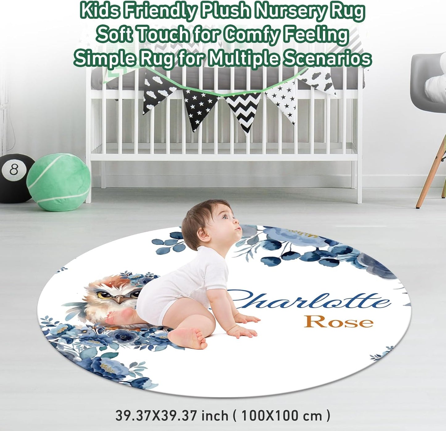 Personalized Baby Crib Bedding Set - Custom Name Owl Pattern 3 Pcs Set - Soft Blanket with Double Layer Dotted Backing, Fitted Sheet, Room Rug for Newborns Boys Girls Shower Gift