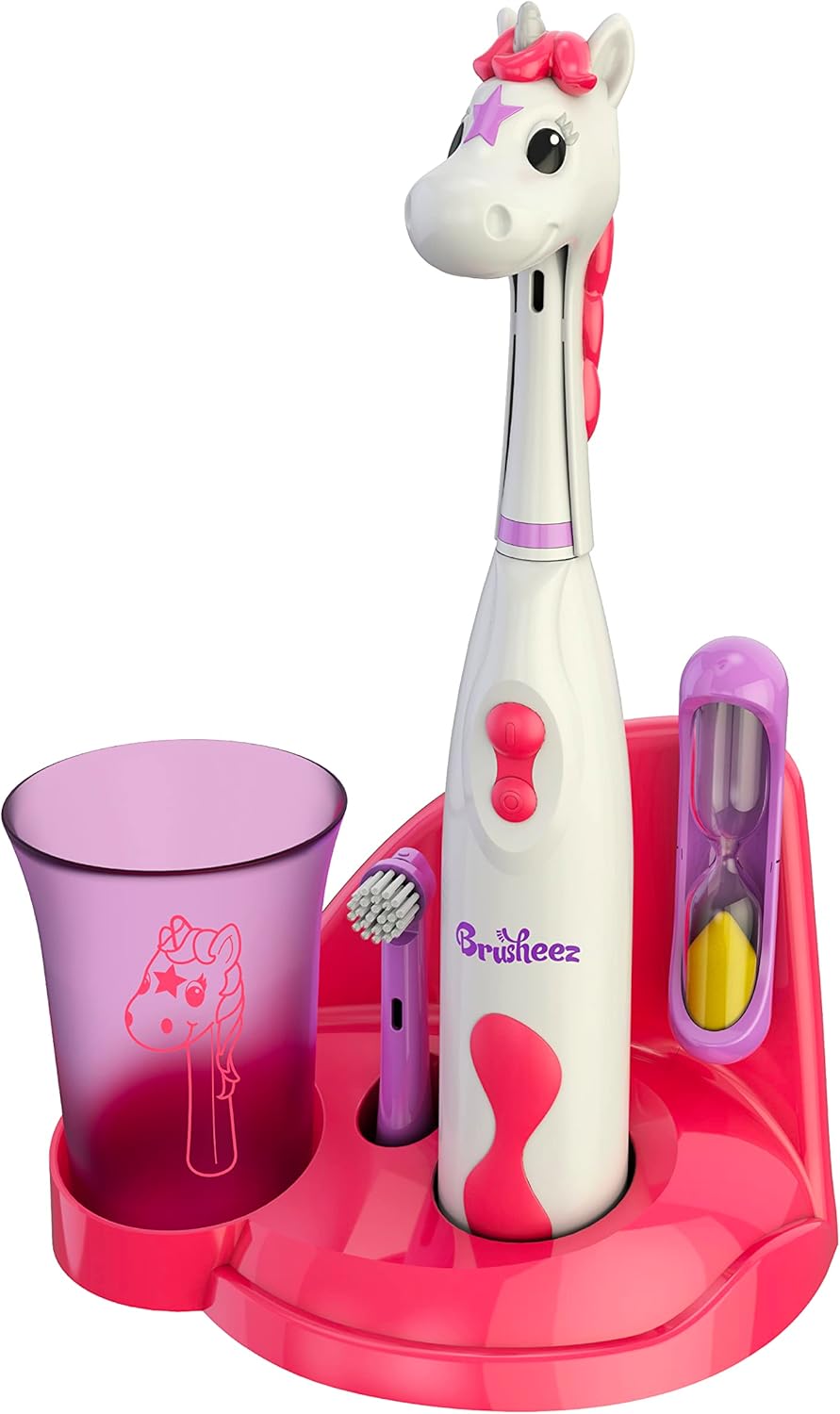 Brusheez Kids’ Electric Toothbrush Set - Safe & Effective for Ages 3+ - Parent Tested & Approved with Gentle Bristles, 2 Brush Heads, Rinse Cup, 2-Minute Timer, & Storage Base (Sparkle The Unicorn)