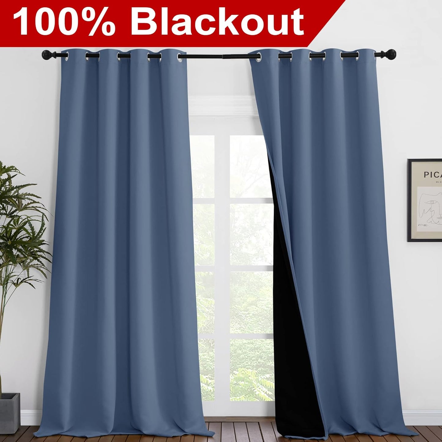 NICETOWN Cold Reducing Curtains, 100% Sun Blocking Curtains, Sound Proof Drapes with Black Backing, Full Light Blocking Panels for Patio Sliding Door (Stone Blue, 1 Pair, 55 inches x 102 inches)