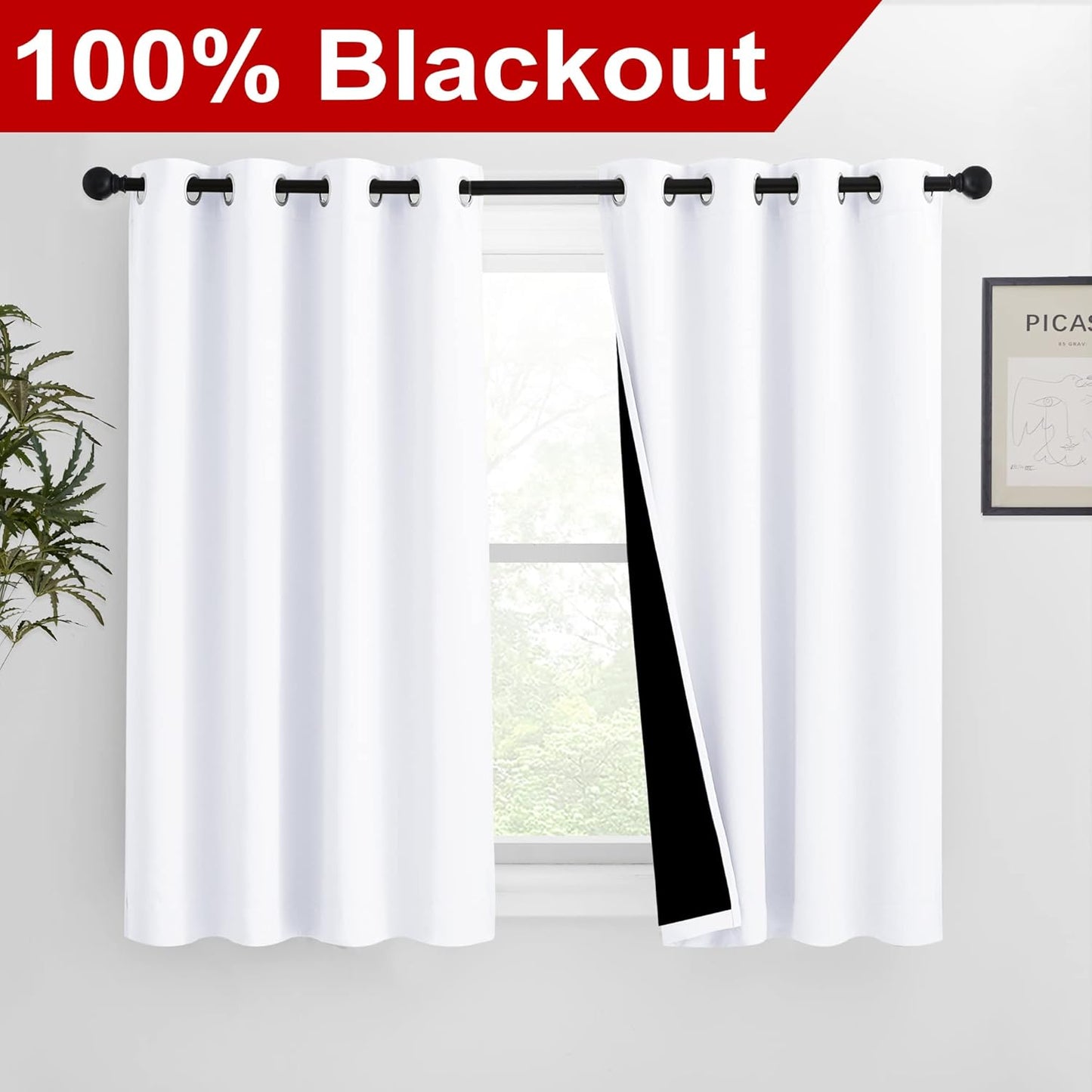 NICETOWN White 100% Blackout Curtains for Windows, Pack of 2, 46" W x 45" L, Super Heavy-Duty Black Lined Total Darkness Drapes for Bedroom, Privacy Assured Window Treatment for Patio
