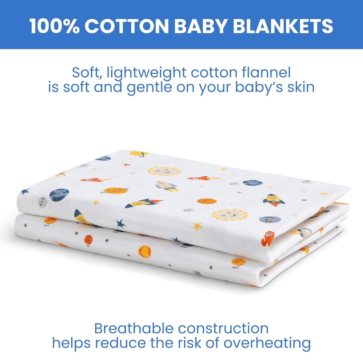 Delta Children 100% Cotton Flannel Baby Receiving Blankets for Girls and Boys – 30x30 Inches (Pack of 2), Space Exploration