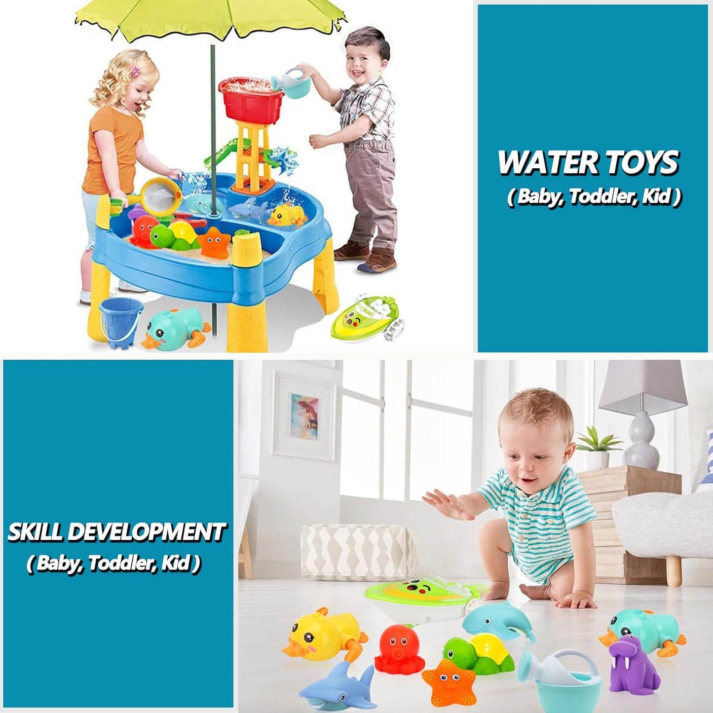 No Hole Bath Toys for Babies 0-6-12 Months+, Wind-up Swimming Ducks & Boat Bath Toys for Kids Ages 1-3, Baby Pool Toys Fishing Net Water Toys Watering Can, Toddler Bath Toys for 1+ Year Old Boy Girl