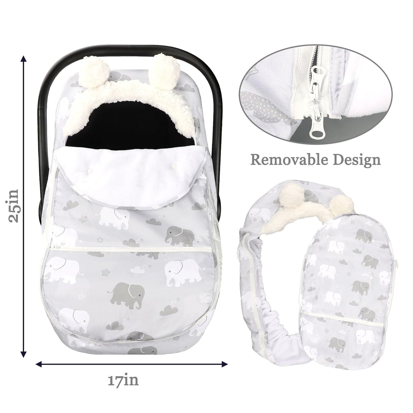 Carseat Cover Boys, Winter Cozy & Warm Cover, Elephant Baby Car Seat Cover, Infant Car Seat Canopy, Ultra-Soft Breathable Protect Baby from Cold Wind, Zipped Removable Design