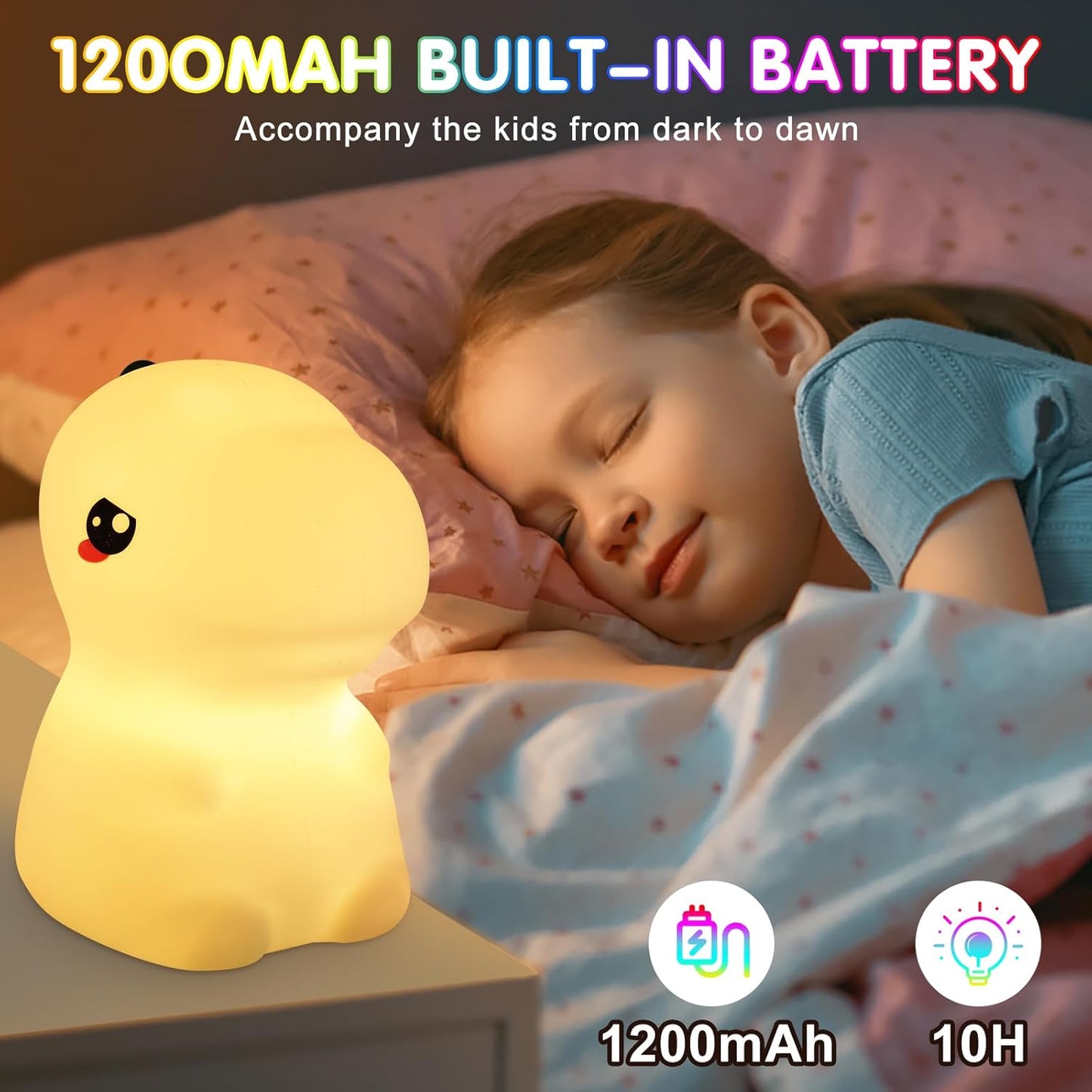 Night Light for Kids, 7 Color Changing BPA-Free Silicone Lamp with Touch Control, Eye Protection, Rechargeable Battery, Soft & Safe Nursery Lamp for Boys & Girls (Dinosaur)