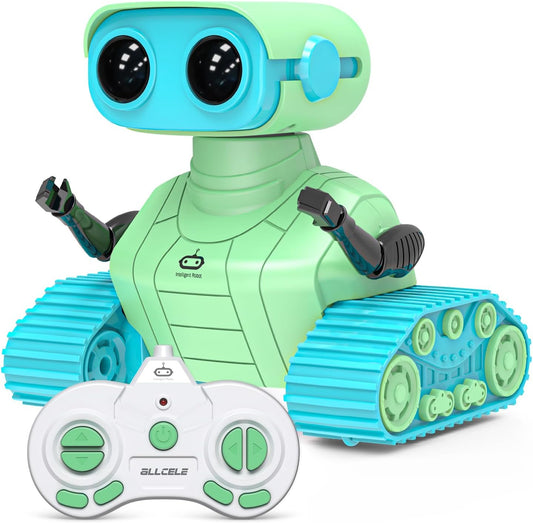 ALLCELE Robot Toys, Rechargeable RC Robots for Kids Boys, Remote Control Toy with Music and LED Eyes, Ideal Gift for Children-Green Blue