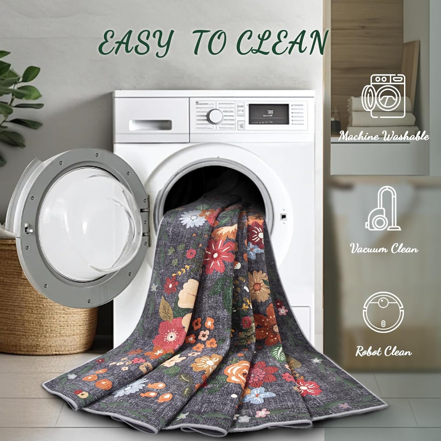 Area Rug Living Room Rugs: 5x7 Washable Rug Vintage Floral Soft Boho Non Slip Carpet Indoor Floor Non Shedding Low Pile Thin Carpets for Bedroom Dining Room Farmhouse Nursery Home Office Black