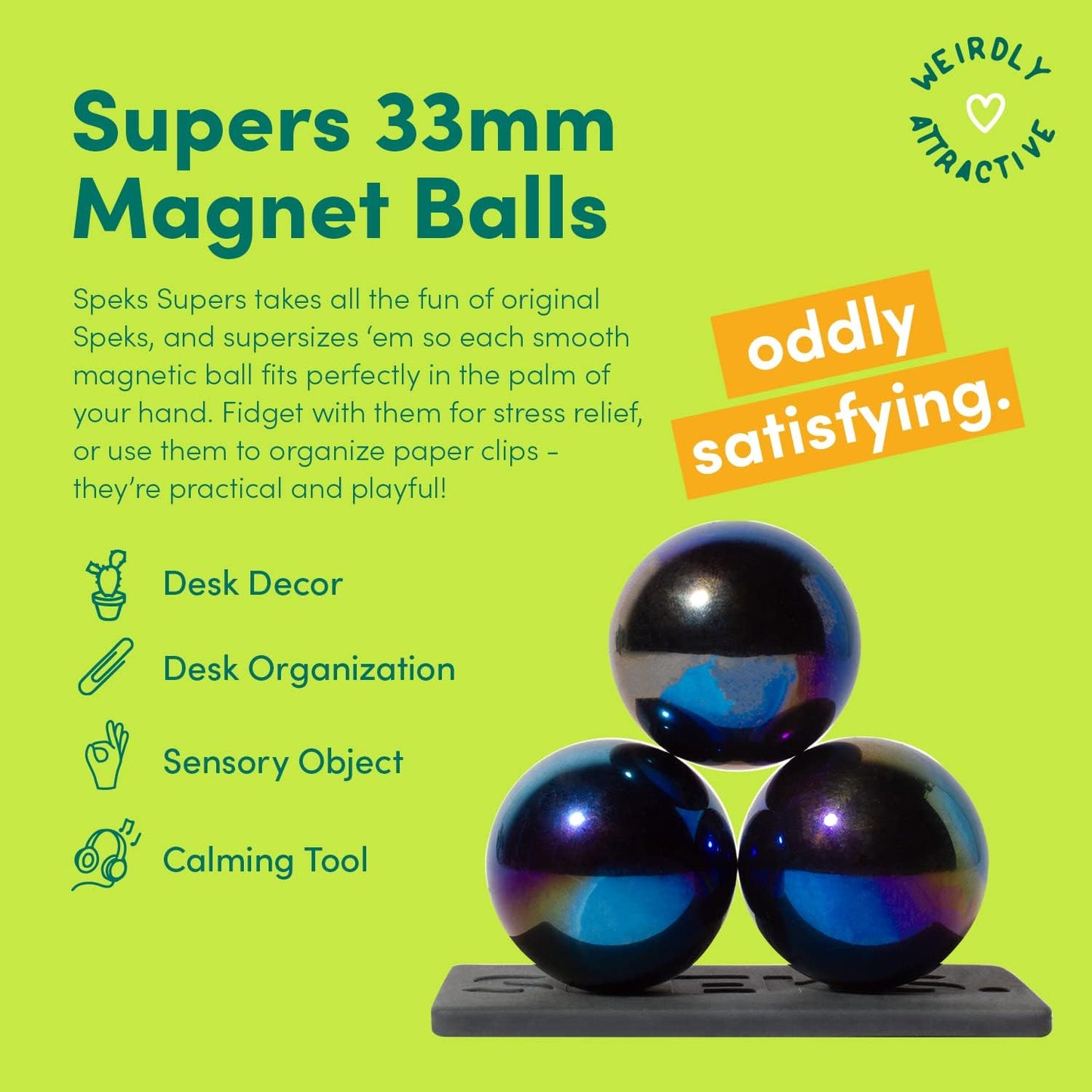 Speks Supers, 33mm Magnets Balls Fidget Toys for Adults, Set of 6, Great Office Desk Decorations and Stress Relief Gifts, Gun Metal