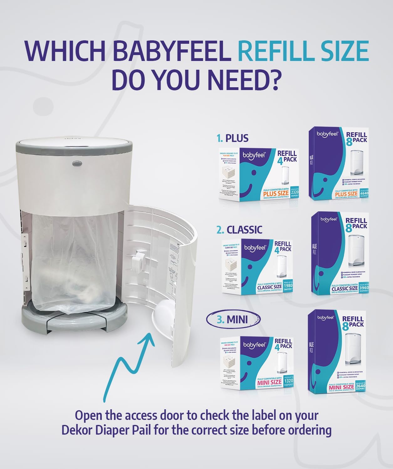 Babyfeel Refills Compatible with DEKOR MINI Diaper Pails | 8 Pack | Exclusive 20% Extra Thickness | Diaper Pail Refills with Powerful Odor Elimination | Powder Scent | Holds up to 2640 Diapers