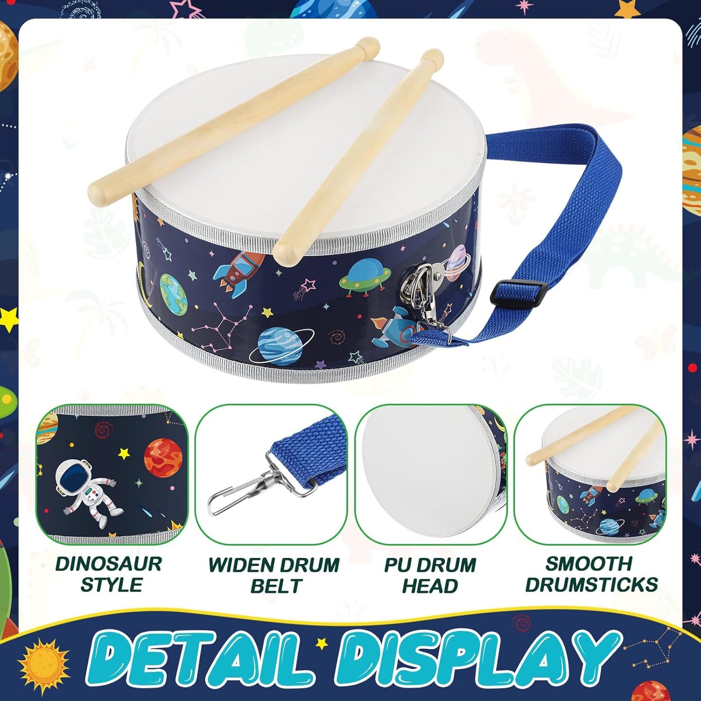 Boao 1 Pc Kids Drum Set, 8 Inch Toddler Drum Wooden Toy with Adjustable Strap and 4 Drumsticks, Educational Sensory Musical Instrument for Toddlers Kid Baby Boys Girls Gift (Space)