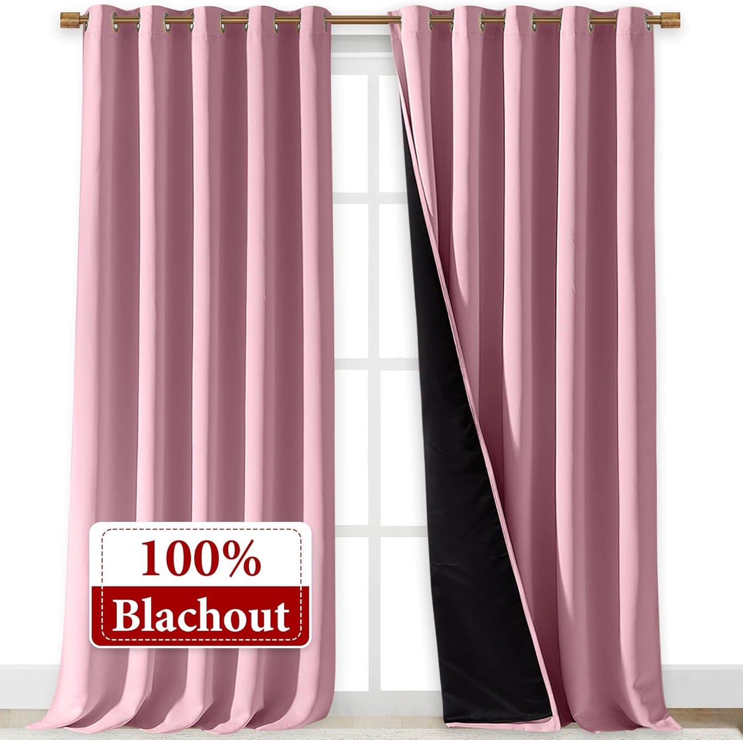 NICETOWN 100% Blackout Blinds, Laundry Room Decor Window Treatment Curtains for Large Patio Sliding Door, Thermal Insulated Crystal Pink Curtains for Bedroom, Set of 2, 70 inches x 108 inches