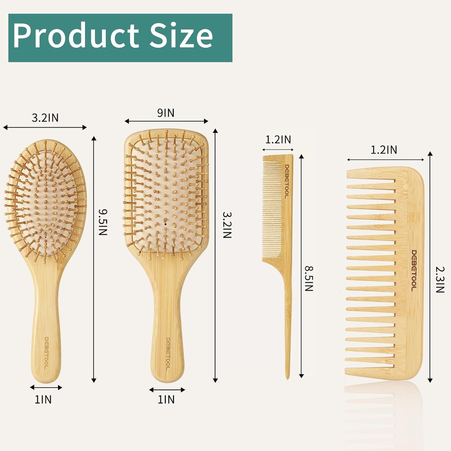 Bamboo Hair Brush Set - Natural Bamboo Paddle Detangling Hairbrush and Comb Set, Suit for Thick/Thin -Gift for Women Men and Kids