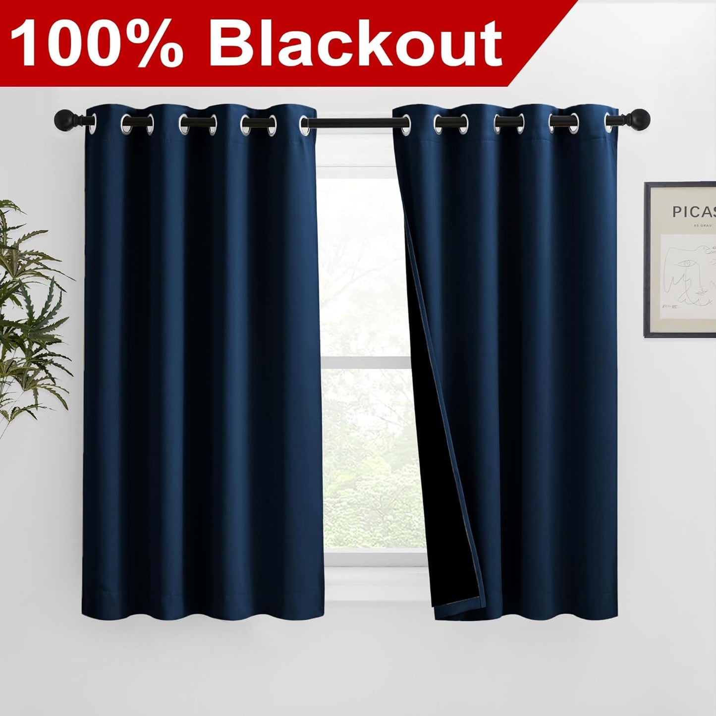 NICETOWN 100% Blackout Curtains with Black Liners, Solid Thermal Insulated Full Blackout 2-Layer Lined Drapes, Energy Efficiency Window Draperies for Bedroom (2 Panels, 46" W by 54" L, Moroccan Blue)