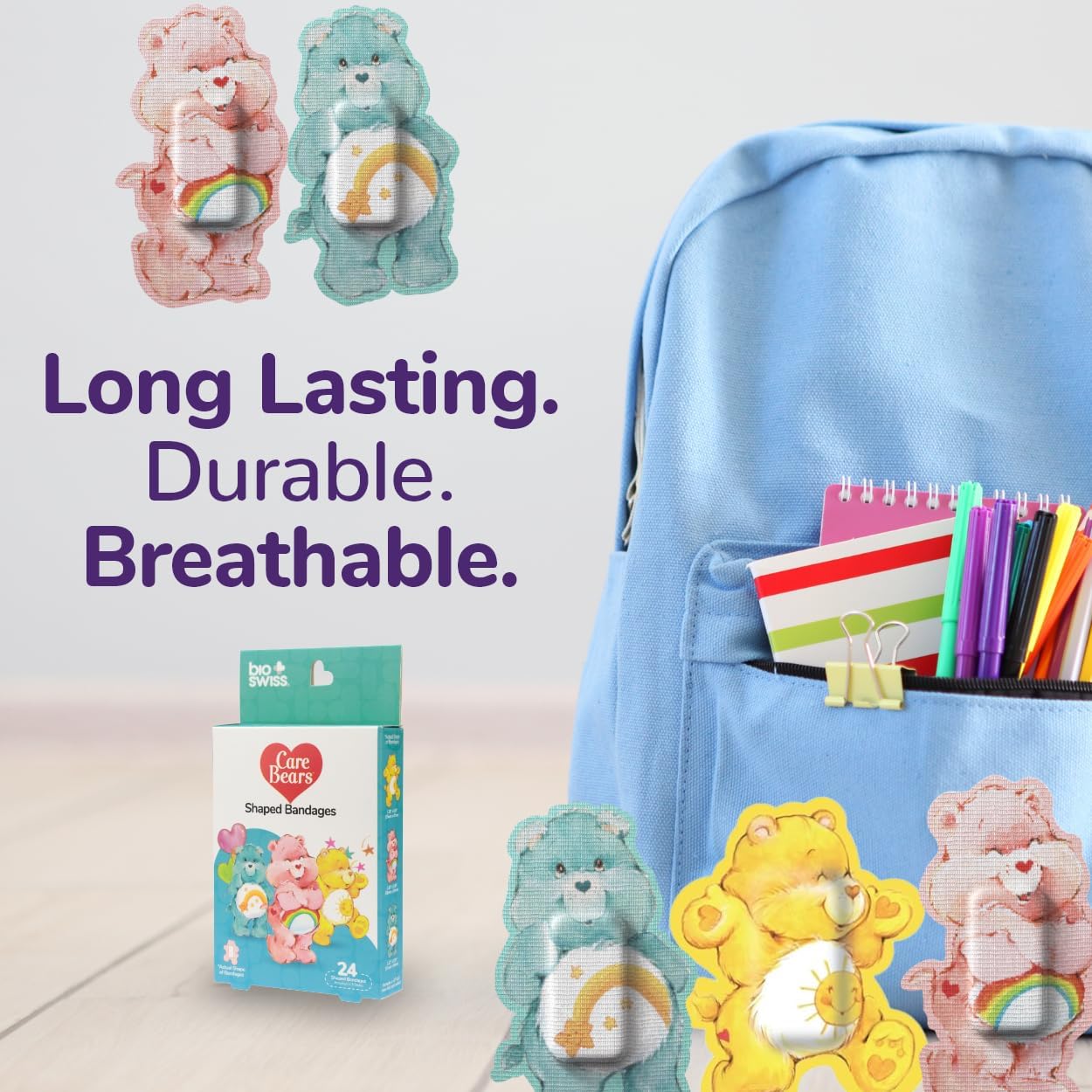 BioSwiss Care Bears Bandages, Classic Care Bear Shaped Self Adhesive Bandage, Latex Free Sterile Wound Care, Fun First Aid Kit Supplies for Kids, 24 Count