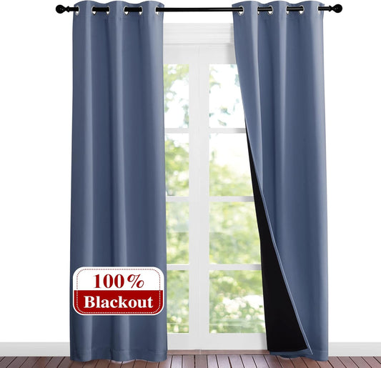 NICETOWN Full Shade Curtain Panels 84 inches Long, Pair of Energy Smart & Noise Blocking Out Blackout Drapes for Guest Room Window, Thermal Insulated Lined Window Dressing (Stone Blue, 37x84)