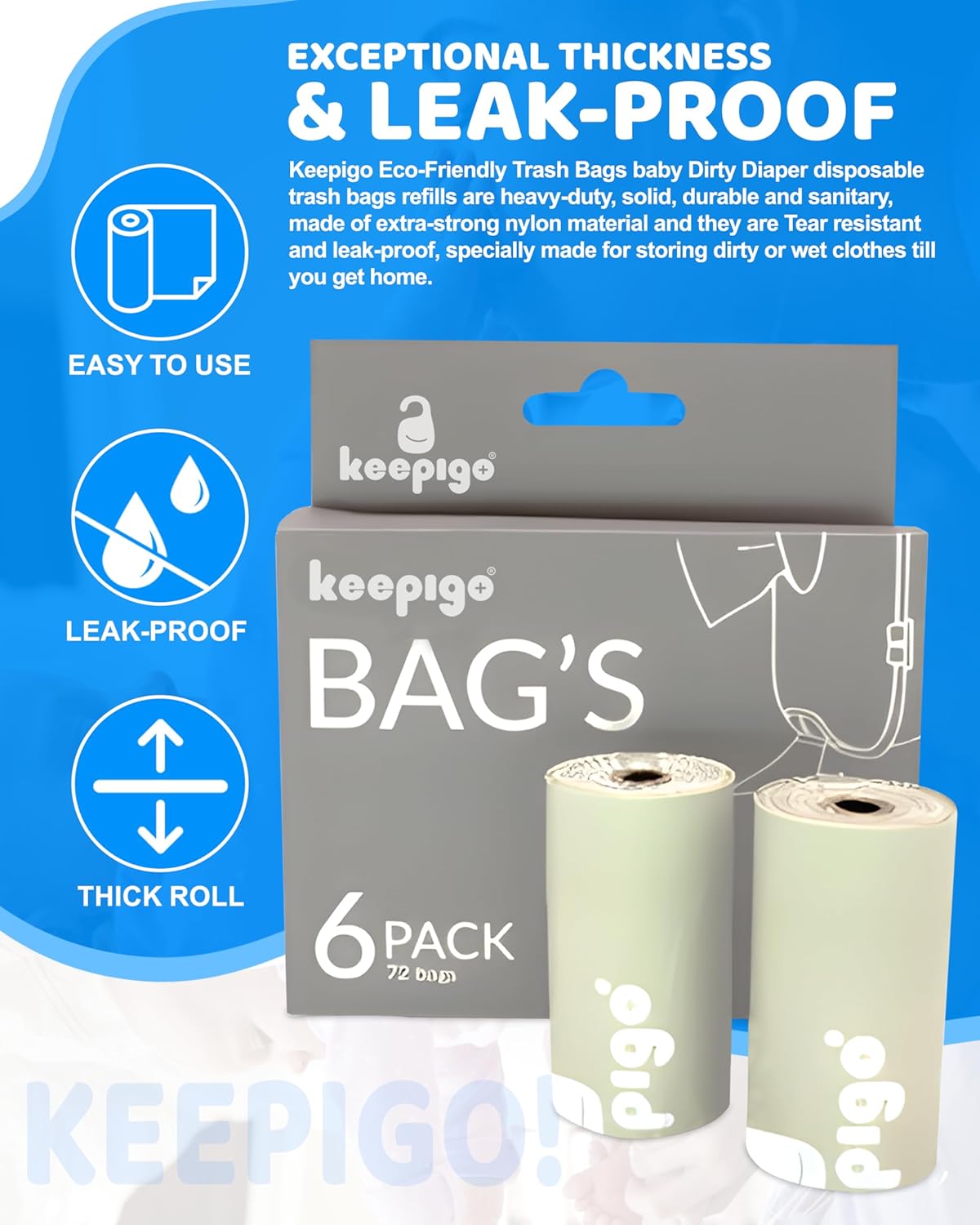 Compostable Disposable Diaper Bags Refills | 6 Rolls, 72 Leak-Proof, XL Biodegradable Baby Poop Bags | Eco-Friendly Diaper Trash Bags for Home, Travel, Pet Waste | Odor-Free,