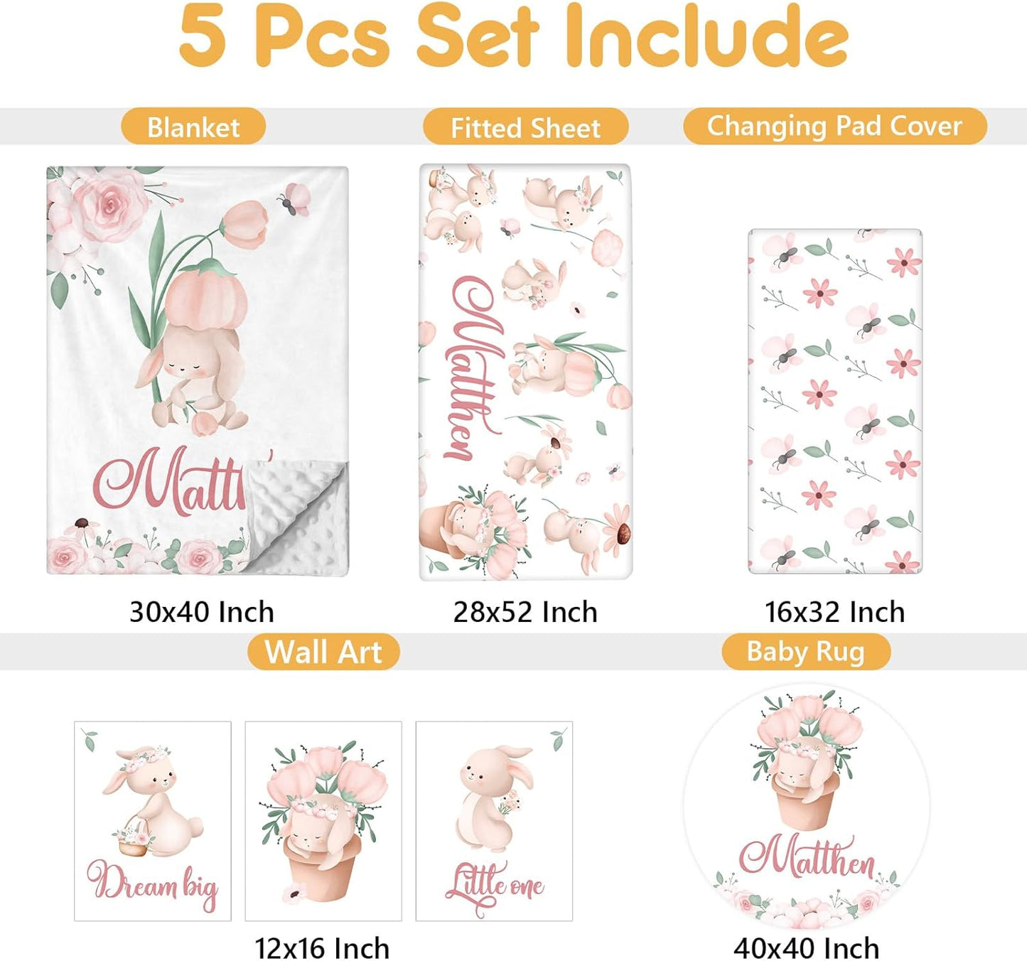 Custom Baby Crib Bedding Set - 5 Pcs Personalized Name Baby Crib Set with Double Layer Blanket - Soft Tulip Bunny Nursery Bedding Set for Girls Boys - Customized Gifts for Infants Toddlers