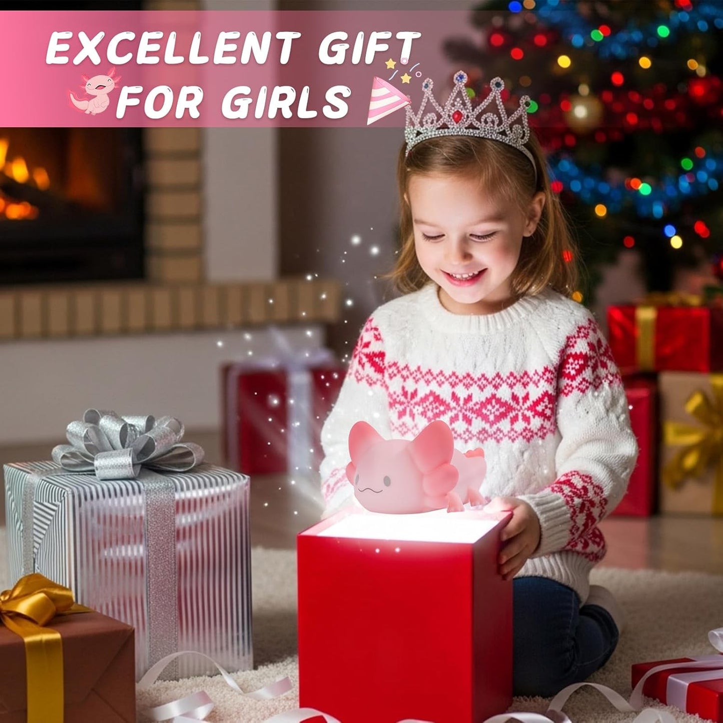 LOVERUIS Cute Night Light for Kids Axolotl Night-Light Baby Girl Squishy NightLight 1/3 Hour Timer Kitty Light Dimmable Nursery Lamp Colorful Nightlight Gift for Kid Toddler Kawaii Bedroom