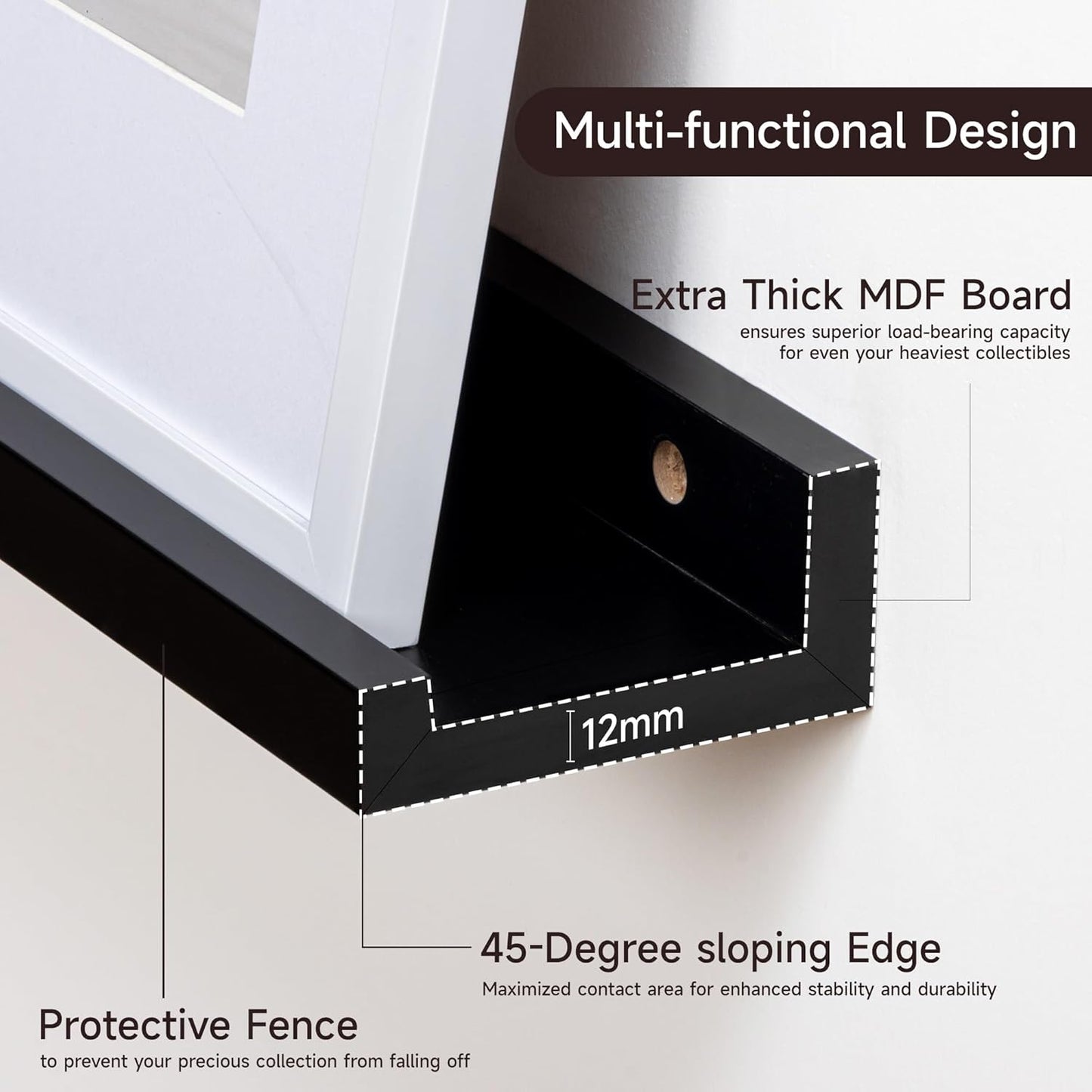 Floating Picture Ledge Shelves for Wall Set of 2, 95 Inches Picture Ledge Shelf with Long Large Nursery Book Shelf for Toys Storage Kids Bookshelf Wall Mounted Living Room Bedroom Decor Frames, Black