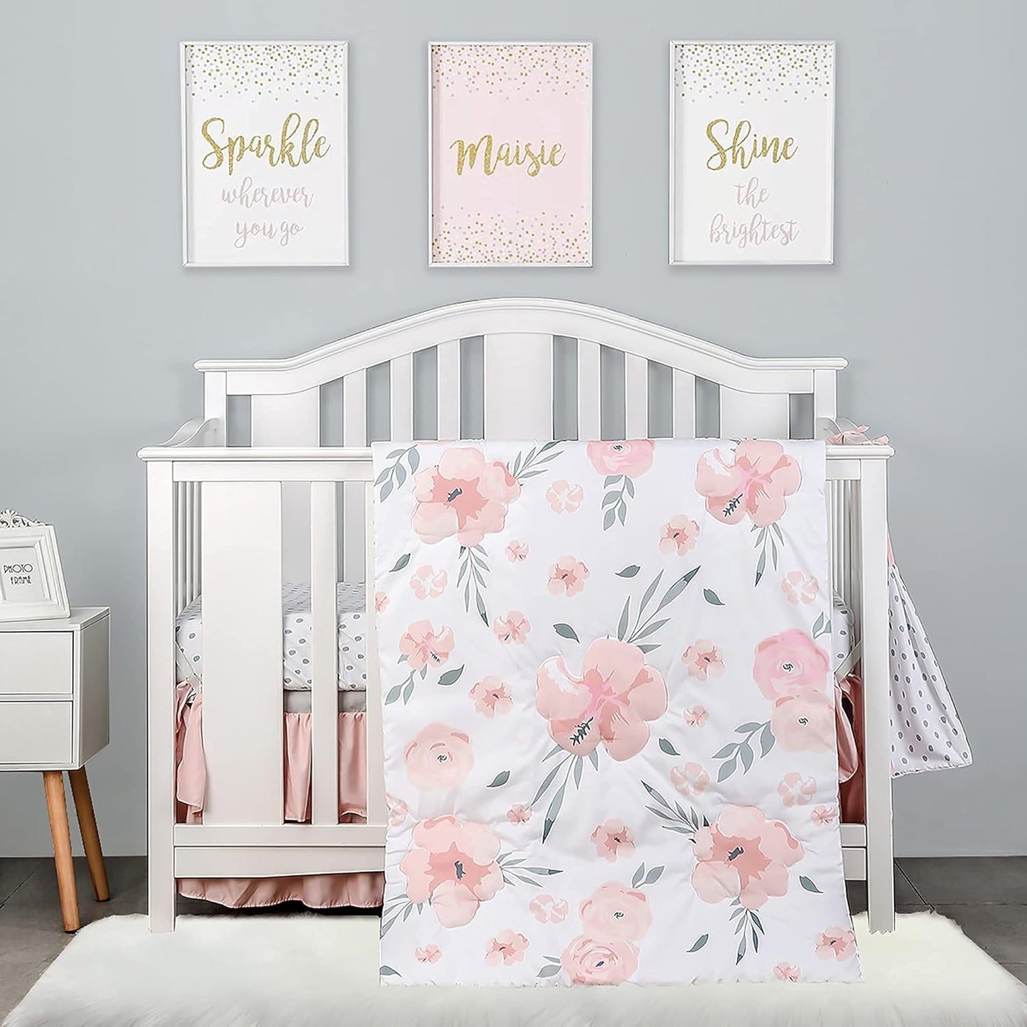 PINNKKU 4-Piece Crib Bedding Set for Boy & Girl, Includes Skirt, Blanket, Sheet & Diaper Bag, Floral, Standard Size