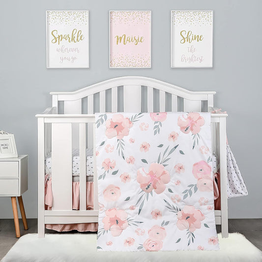 PINNKKU 4-Piece Crib Bedding Set for Boy & Girl, Includes Skirt, Blanket, Sheet & Diaper Bag, Floral, Standard Size