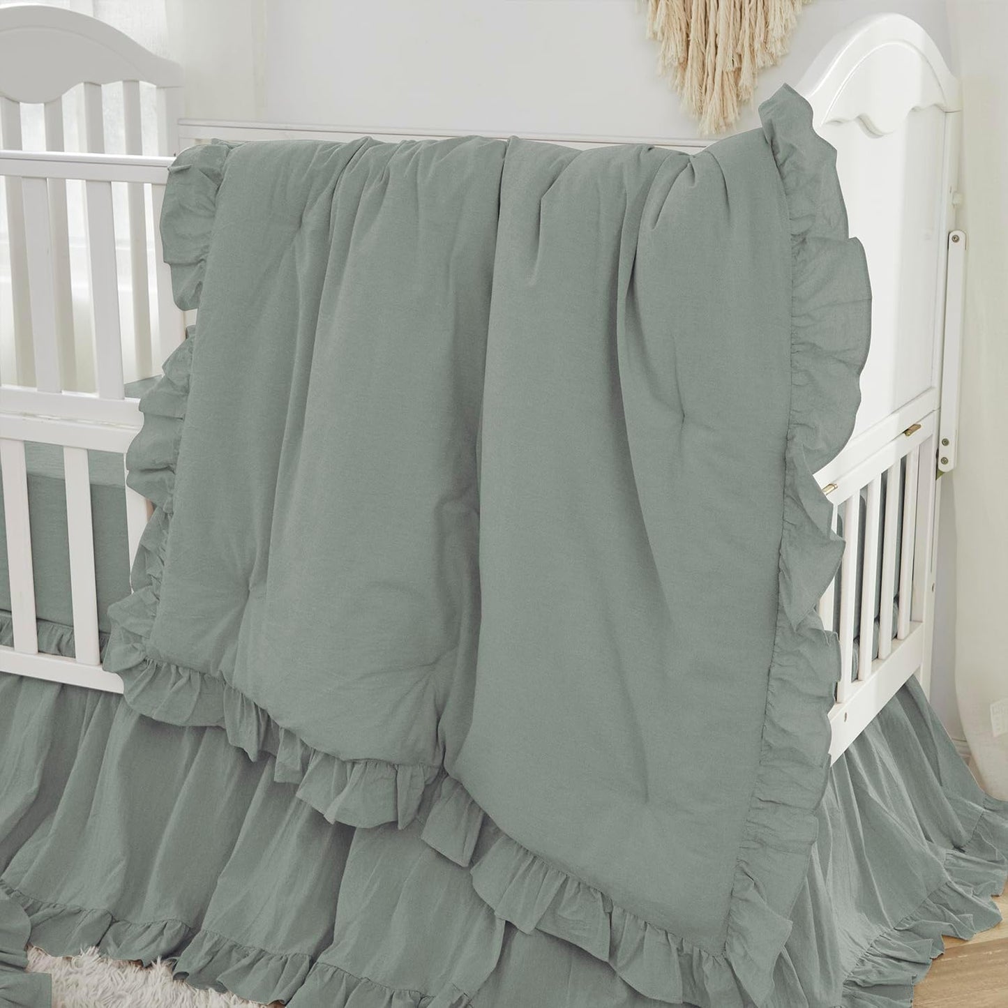 Brandream Gender Neutral Boho Bohemian Baby Girl Boy Nursery 3 Pieces Crib Bedding Set Solid Green Farmhouse Chic Ruffle Unisex Cozy 100% Washed Cotton