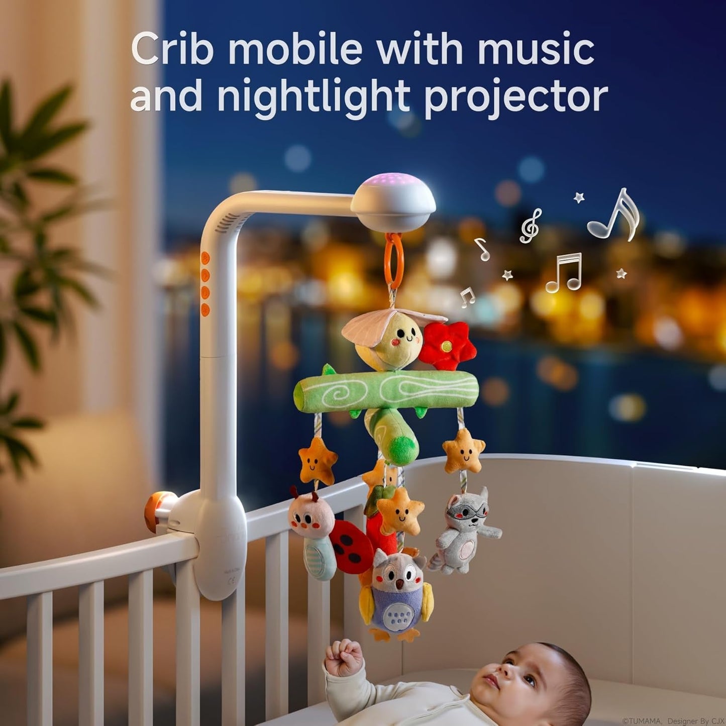 TUMAMA Crib Mobile with Music and Lights, Baby Mobile Cute Bee Crib Toys Hanging, Remote Control Nursery Mobiles for Bassinet, Rotation, Starlight Projection and Lullabies for Babies