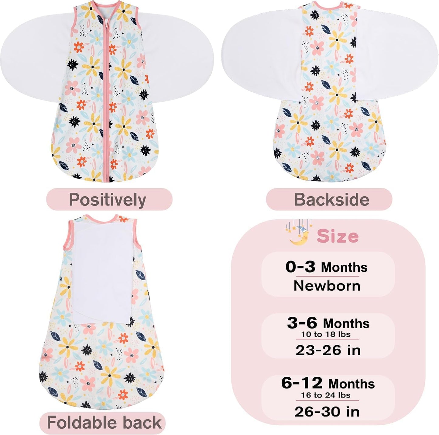 Newborn Sleep Sack Baby Swaddle,6-12 Months,3-Way Adjustable Wearable Blanket,100% Rayon Cotton Swaddling Sleeping Bag，TOG 0.5（Heart&Floral）