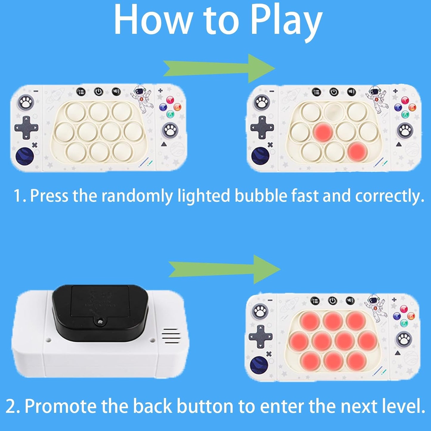 Fast Push Game Pop Fidget Toy for Kids, Quick Push Bubble Game 4 Modes Handheld Puzzle Game Sensory Toy Pop It Game Light Up Fidget Toy Gift for 3 to 12 Year Old Girls Boys (Astronaut)