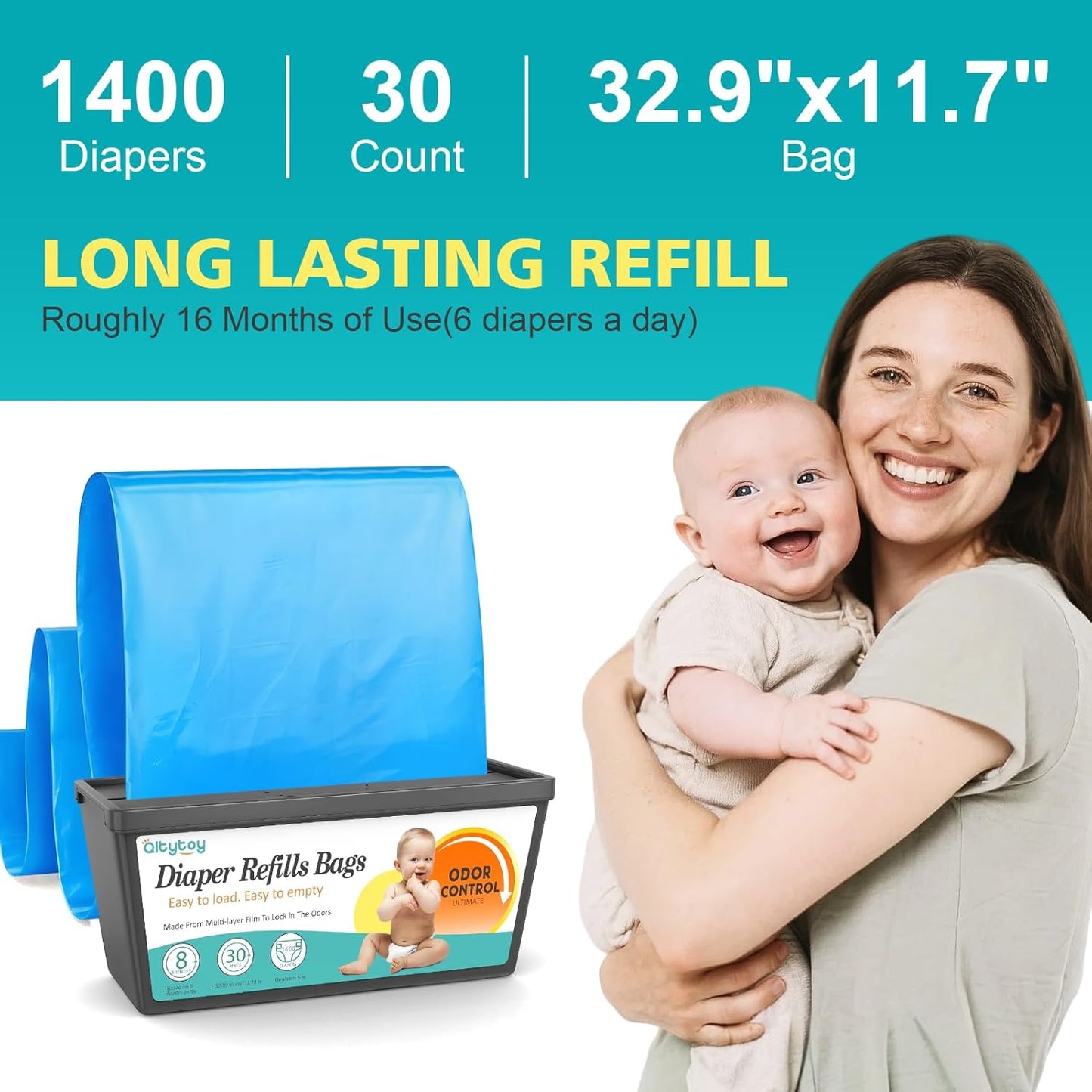 Refills Compatible with Diaper Genie Easy Roll Signature & Platinum Diaper Pail,4-Pack (120 Bags) for 5600 Newborn Diapers,7-Layer Powerful Odor Control.Extra Thickness,Durable & No Tear