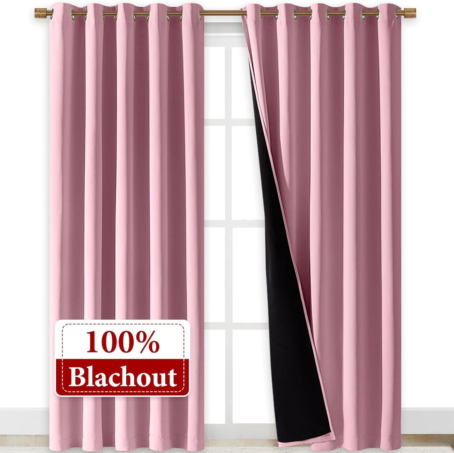 NICETOWN Total Shade Curtains and Draperies, Heavy-Duty Full Light Shading Drapes with Black Liner Backing for Villa/Hall/Dorm Window（Crystal Pink, Package of 2 Panels, 70 inches Wide x 95 inches Long