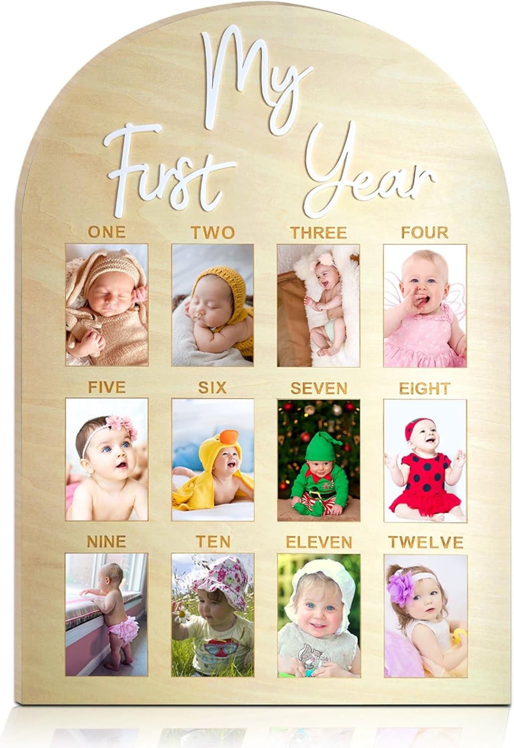 One Year Birthday Wooden Photo Board My First Year Milestone Photo Board 12 Monthly Picture Frame Baby First year Wood Acrylic Sign 1st Birthday Decorations Baby Keepsake Gift (2" x 3" photos - Wallet Size)