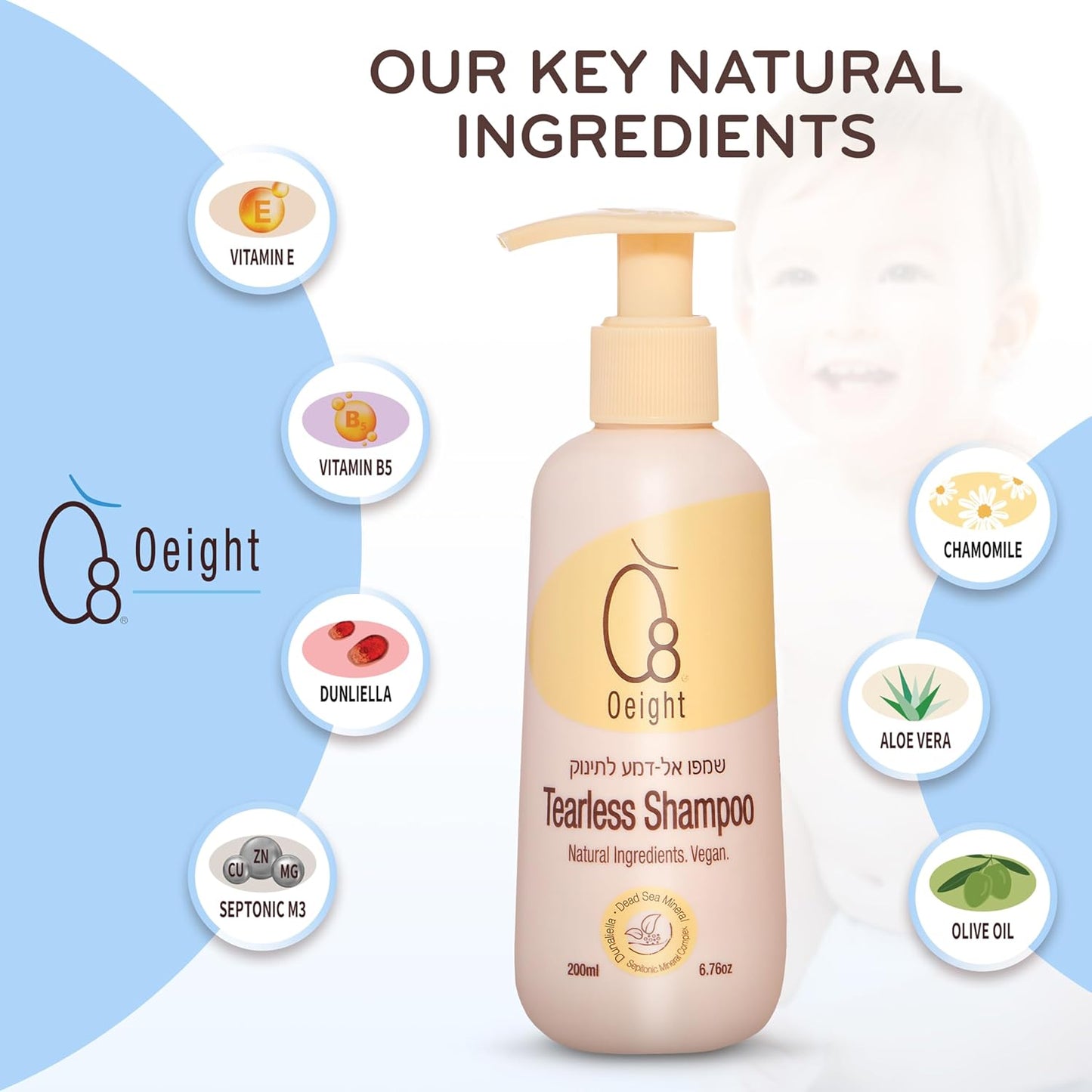 Oeight Tearless Baby Shampoo, Hypoallergenic & Dermatologically Tested Baby Shampoo, 100% Natural Active Ingredients with Chamomile, Parabens & SLS Free, Fragrance Free, for Sensitive Scalp, 200 ml