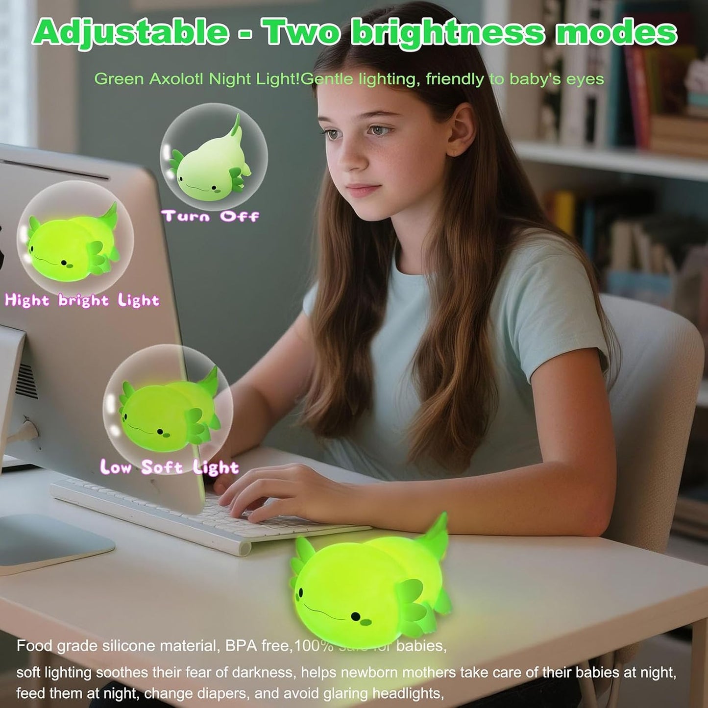 HAPPYBAG Axolotl Night Light,Cute Axolotl lamp Gifts for Kids,Dimmable Silicone Animal Nursery Night Light,Kawaii Rechargeable Bedside Touch Lamp,Baby Room Decor Axolotl Light