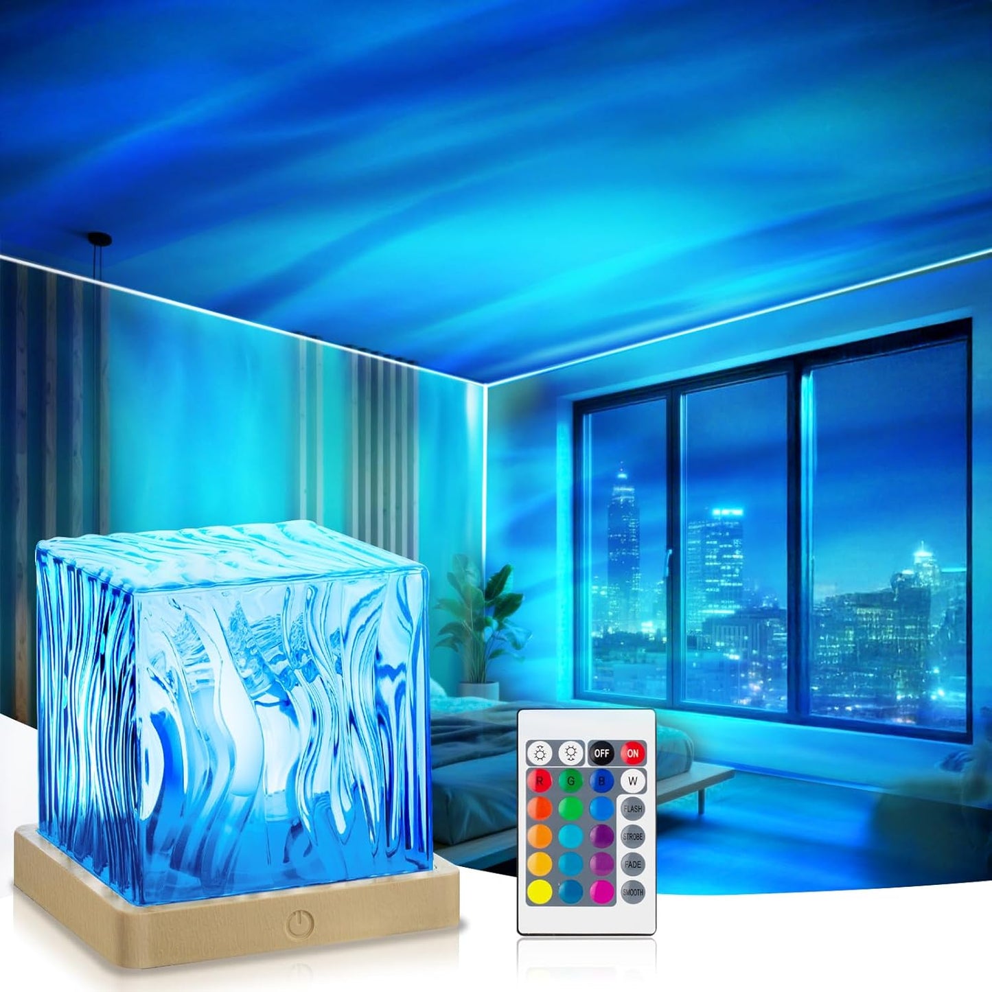 VoMii Northern Lights Projector,16 Colors Luminorthe Cube Lamp with Dynamic Wave Effect,Aurora Glow Lamp Ambient Lighting with Remote for Bed Room Classroom Decor