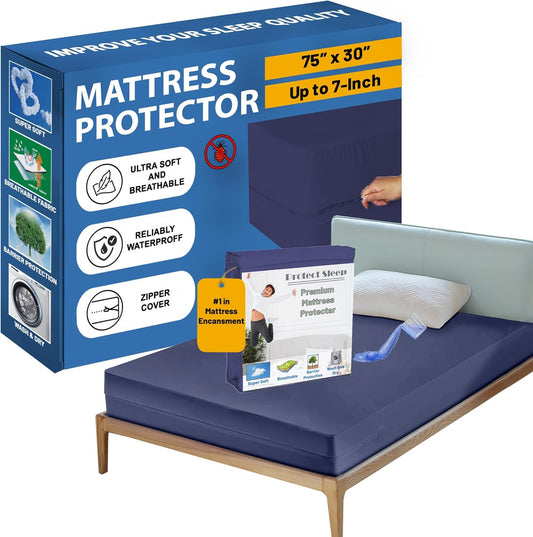 Greaton, Zippered Mattress Protector Cover, Waterproof, Easy to Clean, Fits Mattress up to 7-Inch, 75" x 30", Blue