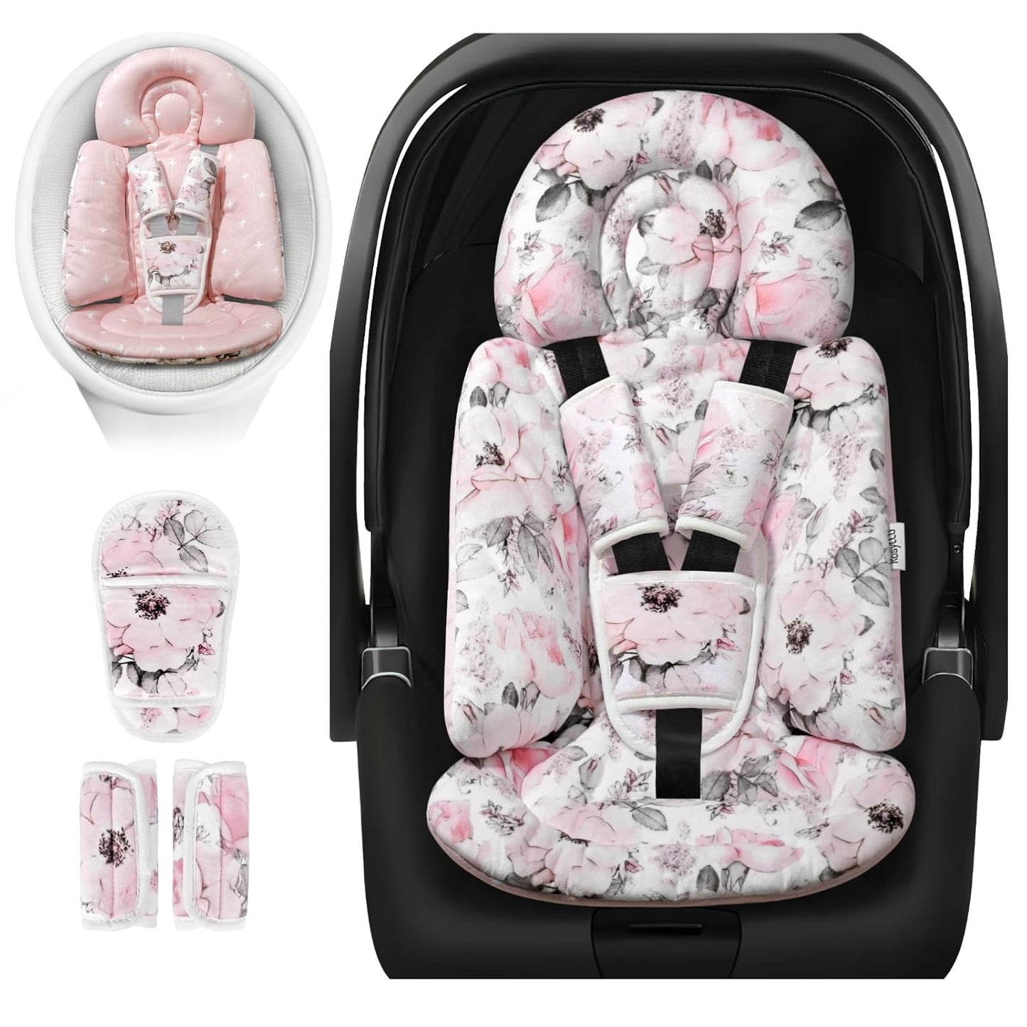 [Upgraded] Infant Car Seat Insert & Newborn Head Support, 3 Strap Covers + Reversible 2-in-1 Design – All Seasons Baby Car Seat Cushion for Stroller, Swing, Rocker, Bassinets
