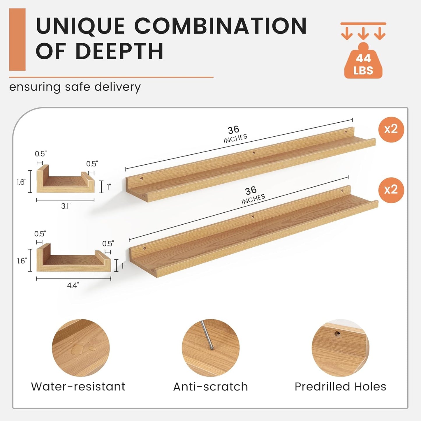 Floating Picture Ledge Shelves Set of 4, 36 Inch Shelves with Lip - Large Nursery Book Shelf for Toys Storage, Kids Bookshelf - Wall Mounted Living Room Bedroom Decor Frames