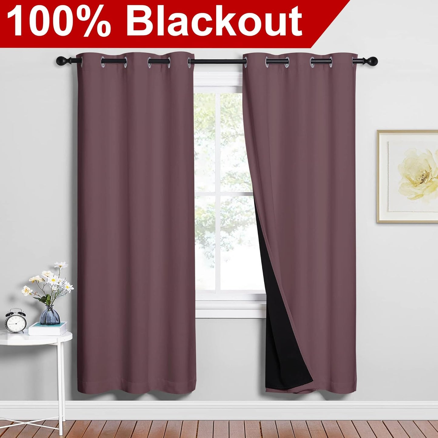 NICETOWN 100% Blackout Window Curtain Panels, Full Light Blocking Drapes with Black Liner for Nursery, 72-inch Drop Thermal Insulated Draperies (Dry Rose, 2 Pieces, 42-inch Wide Per Panel)