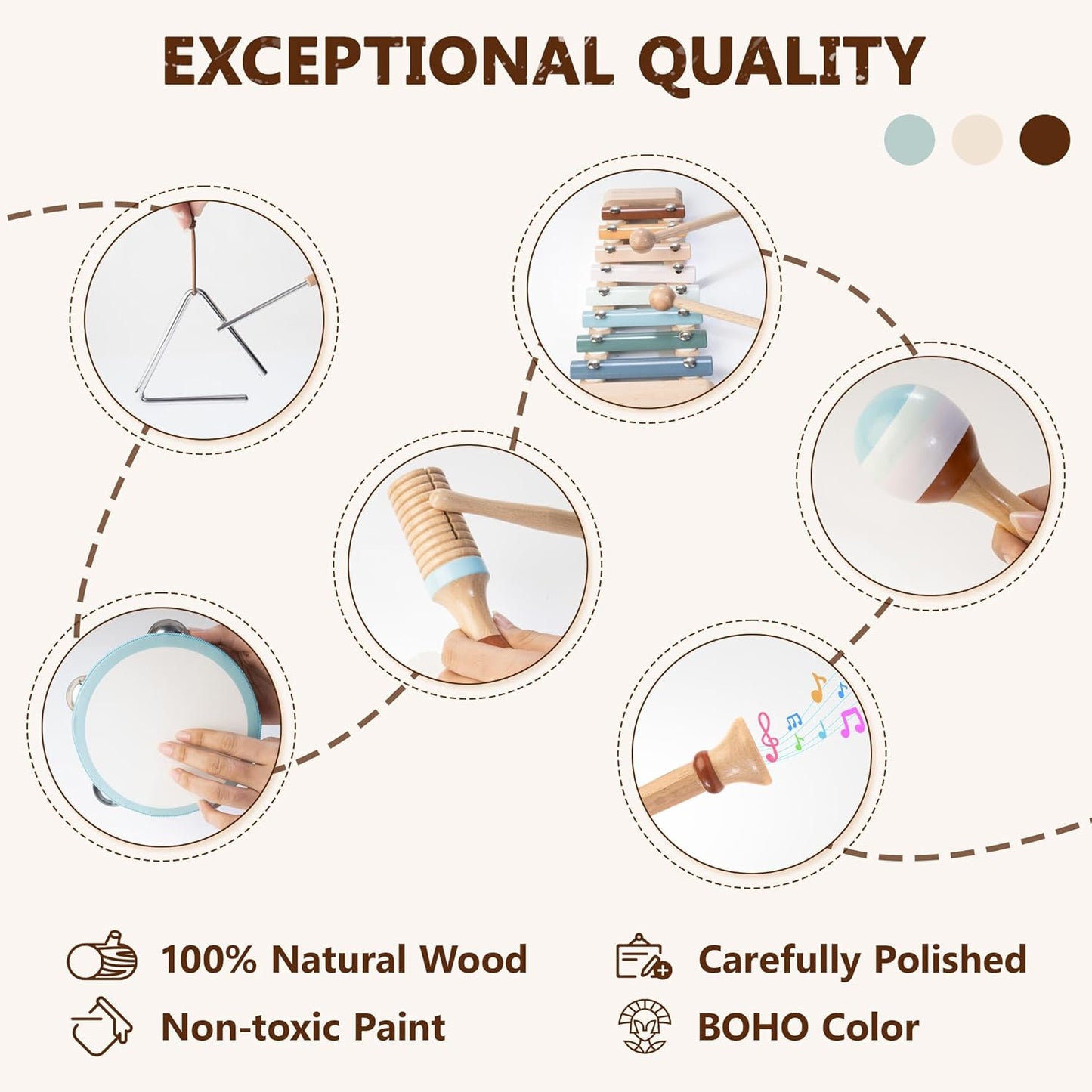 Baby Musical Instruments | Montessori Wooden Toys for Toddlers, Neutral Color Percussion Instruments Set with Modern Boho Xylophone Tambourine, Educational Musical Toys for Boys Girls 3+