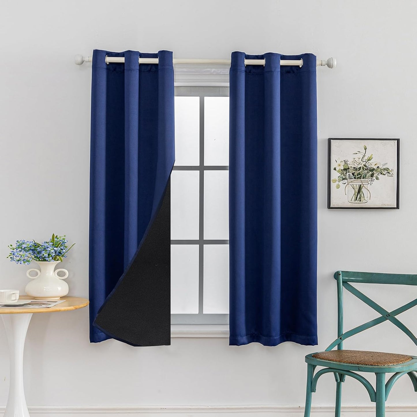 Anytime 100% Blackout Curtain Set, Thermal Insulated & Energy Efficiency Window Draperies for Guest Room, Full Shading Panels for Shift Worker and Light Sleepers（Navy Blue, 2 Panels, 42W x 63L）