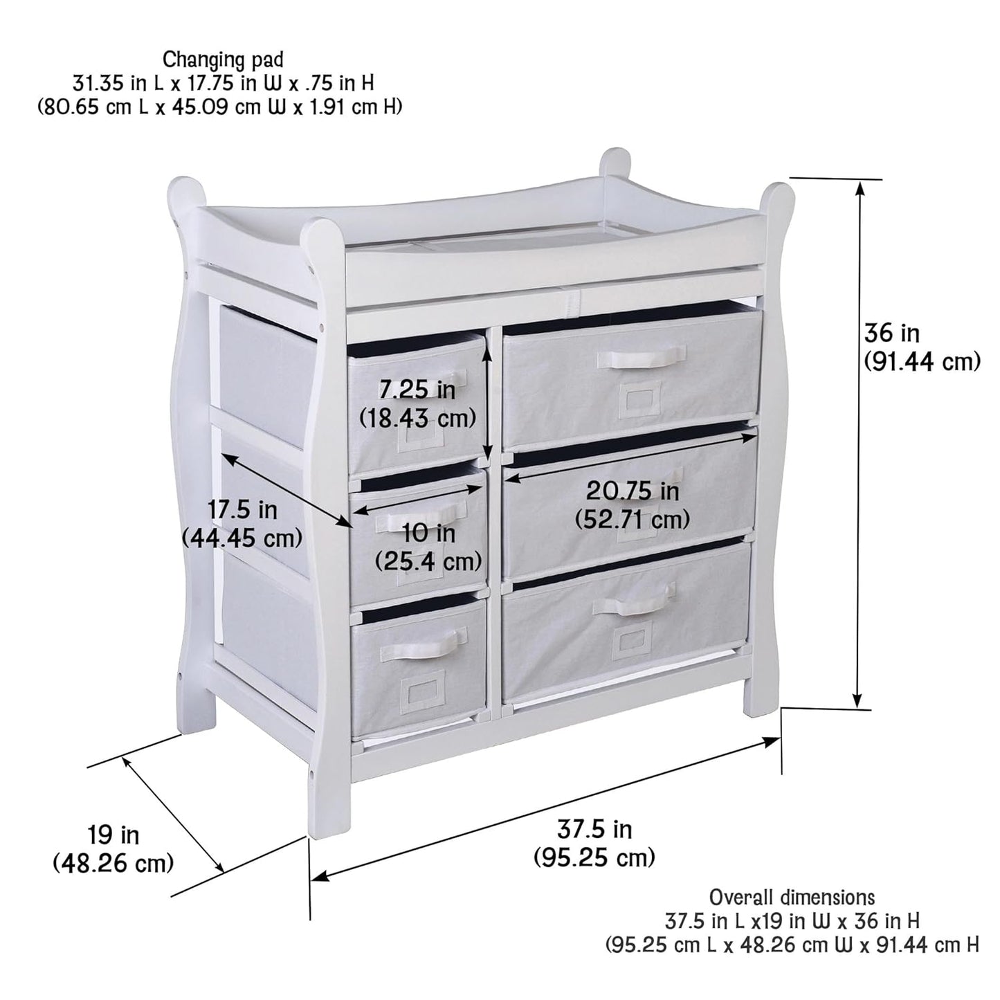 Badger Basket Sleigh Baby Changing Table with 6 Storage Drawers, Cushioned Changing Pad, Nursery Organizer, Sturdy White Wood Furniture for Infant Care