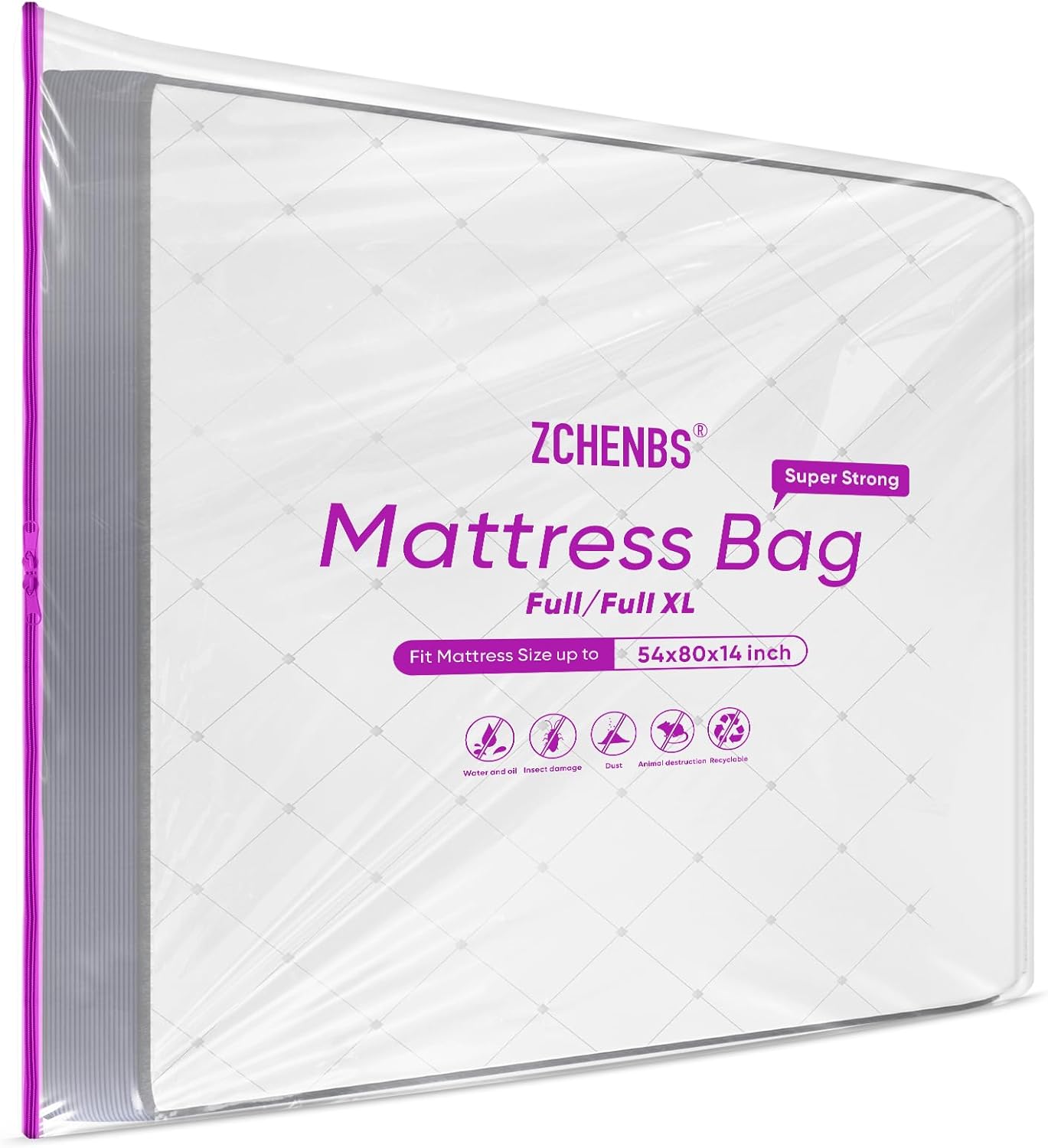 ZCHENBS® – Mattress Bags for Moving and Storage,Mattress Bag with Zippers,5 Mil Ultra-Thick Bed Bag,Waterproof,Anti-Tear,Heavy-Duty Mattress bag (Tansparent/Purple, Full/Full XL-(1 Pack))