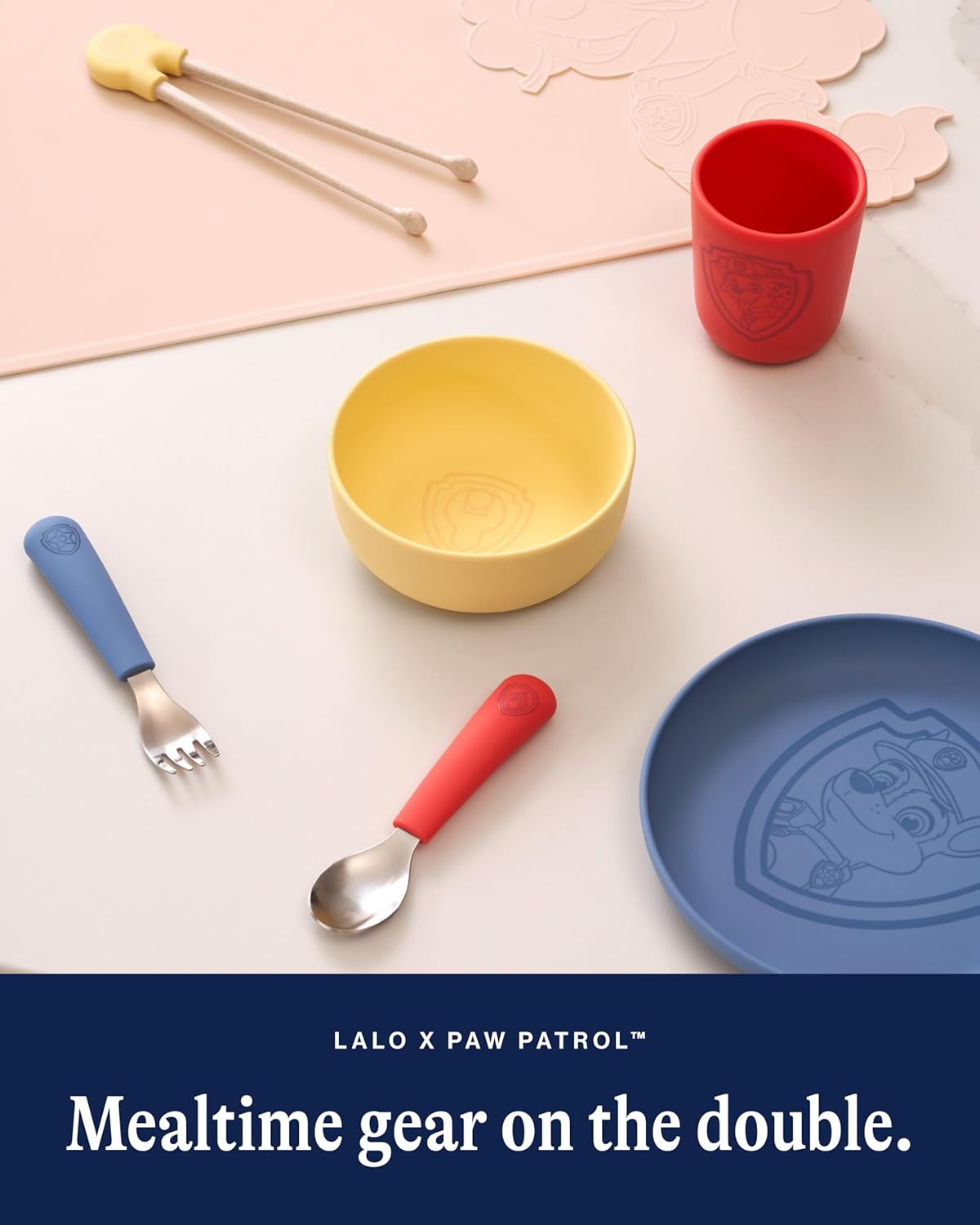 Lalo PAW Patrol Utensils - Toddler Fork and Spoon Set - Stainless Steel and Silicone Ergonomic Toddler Utensils - Children Safe Flatware Set - 2 Pieces - Rubble