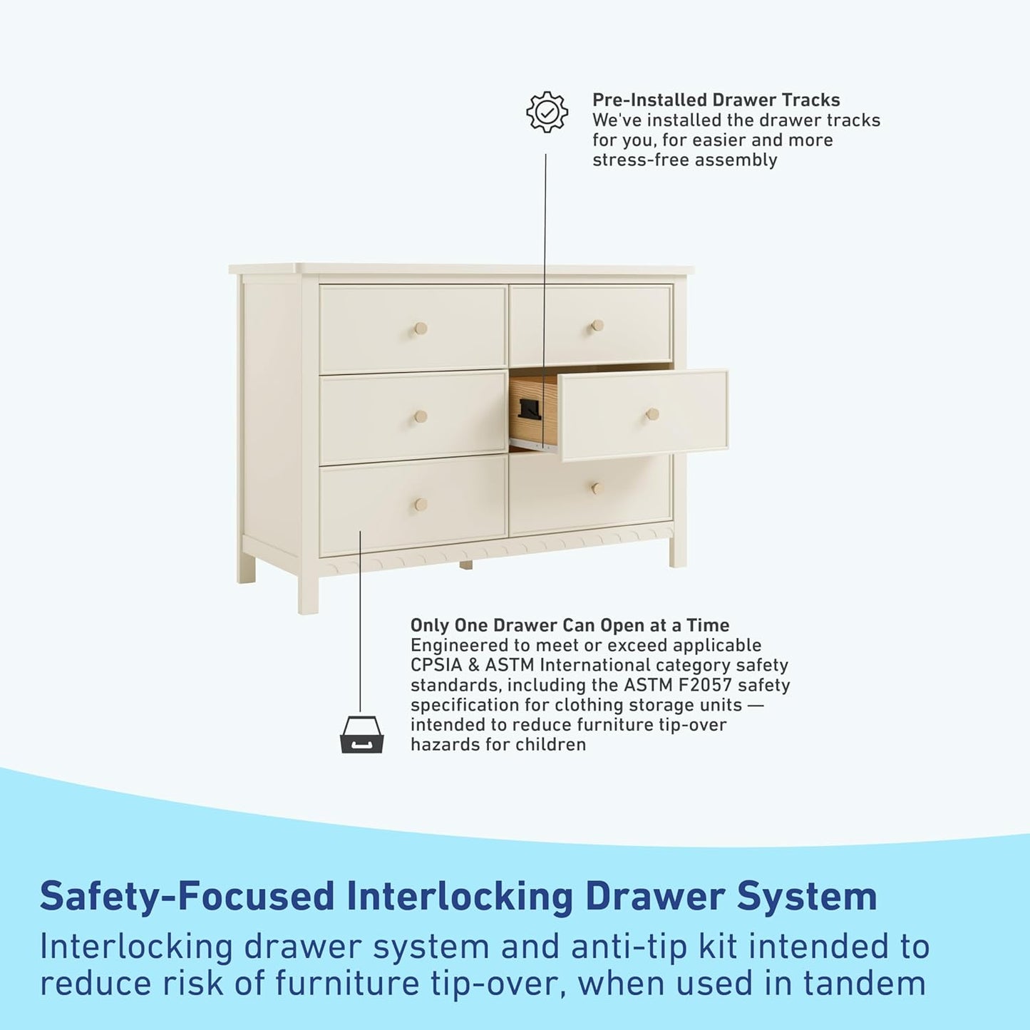 Graco Sasha 6 Drawer Dresser (Frosted Oat) – GREENGUARD Gold Certified, Wood Storage for Nursery or Kids’ Room, Safe Interlocking Drawer System & Easy Assembly with Pre-Installed Tracks