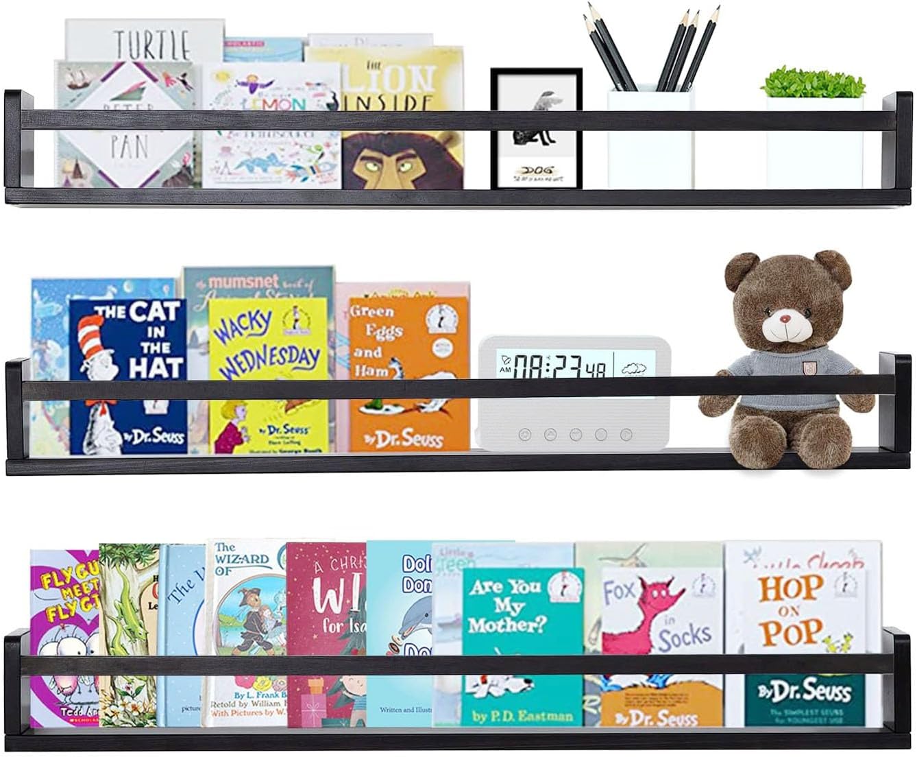 AZSKY Black Nursery Bookshelves for Wall Hanging Kids Bookshelf Baby Book Shelf Organizer Wall Bookshelves Kids Shelves and Storage for Wall Playroom Shelves 36 Inch a Set of 3 Same Sizes
