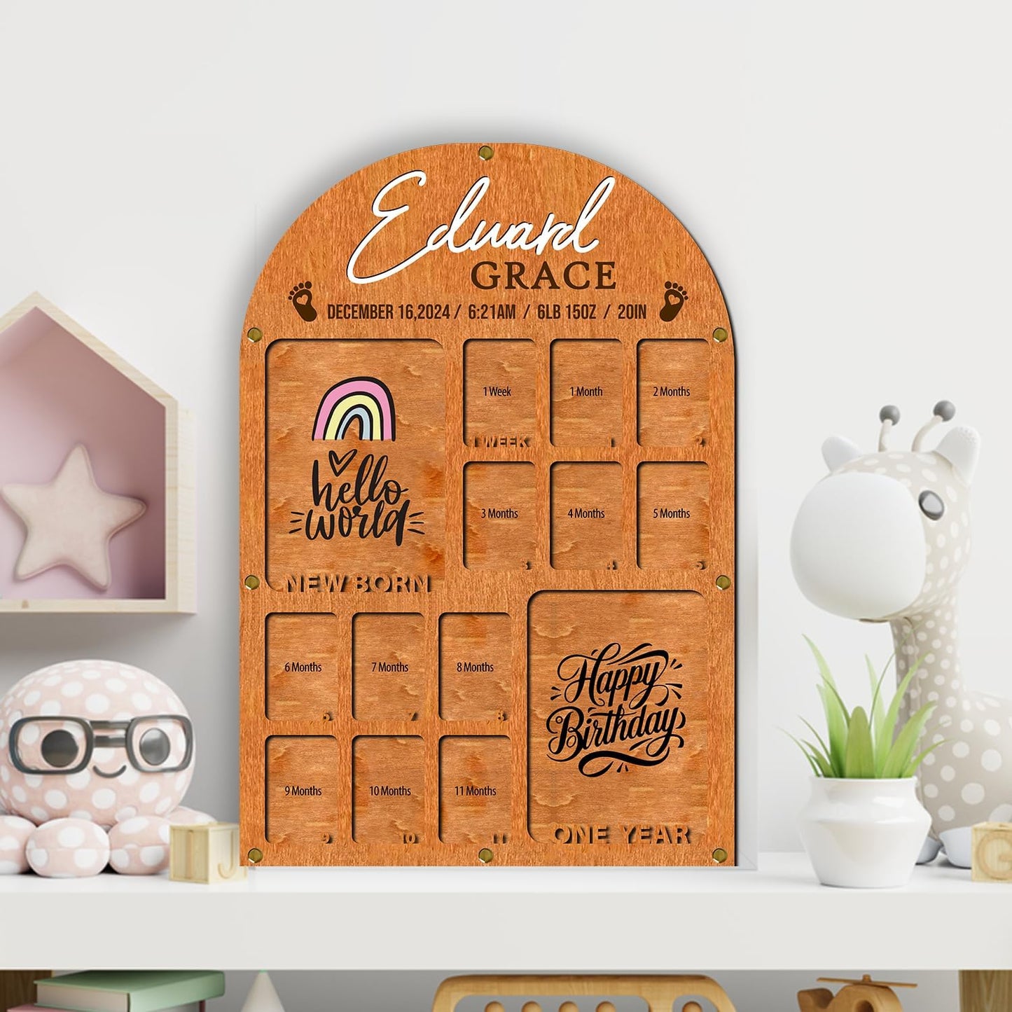 Personalized My First Year Photo Frame | 12 Months Picture Frame For Baby First Year | Displays Two 4x6 Photo and Twelve 2x3 Pictures | Birthday Party Decor Newborn Memory Keepsake, Rainbow