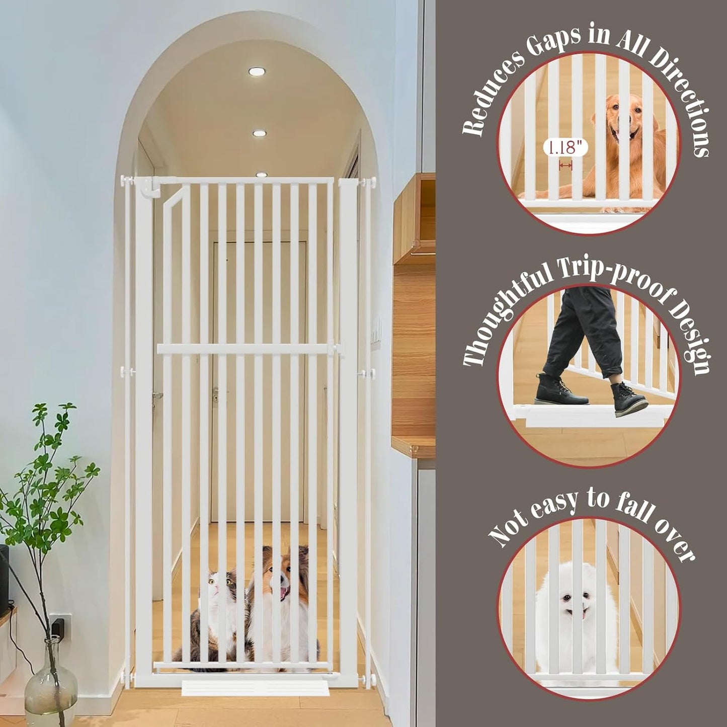 Glaf Extra Tall Pet Gate 63" Pressure Mounted Cat Door Safety Metal Cat Gate Adjustable Width Dog Door Auto-Close Dog Gates for Doorways, Stairs, Kitchen, Hallway (White, 29.92-33.46")