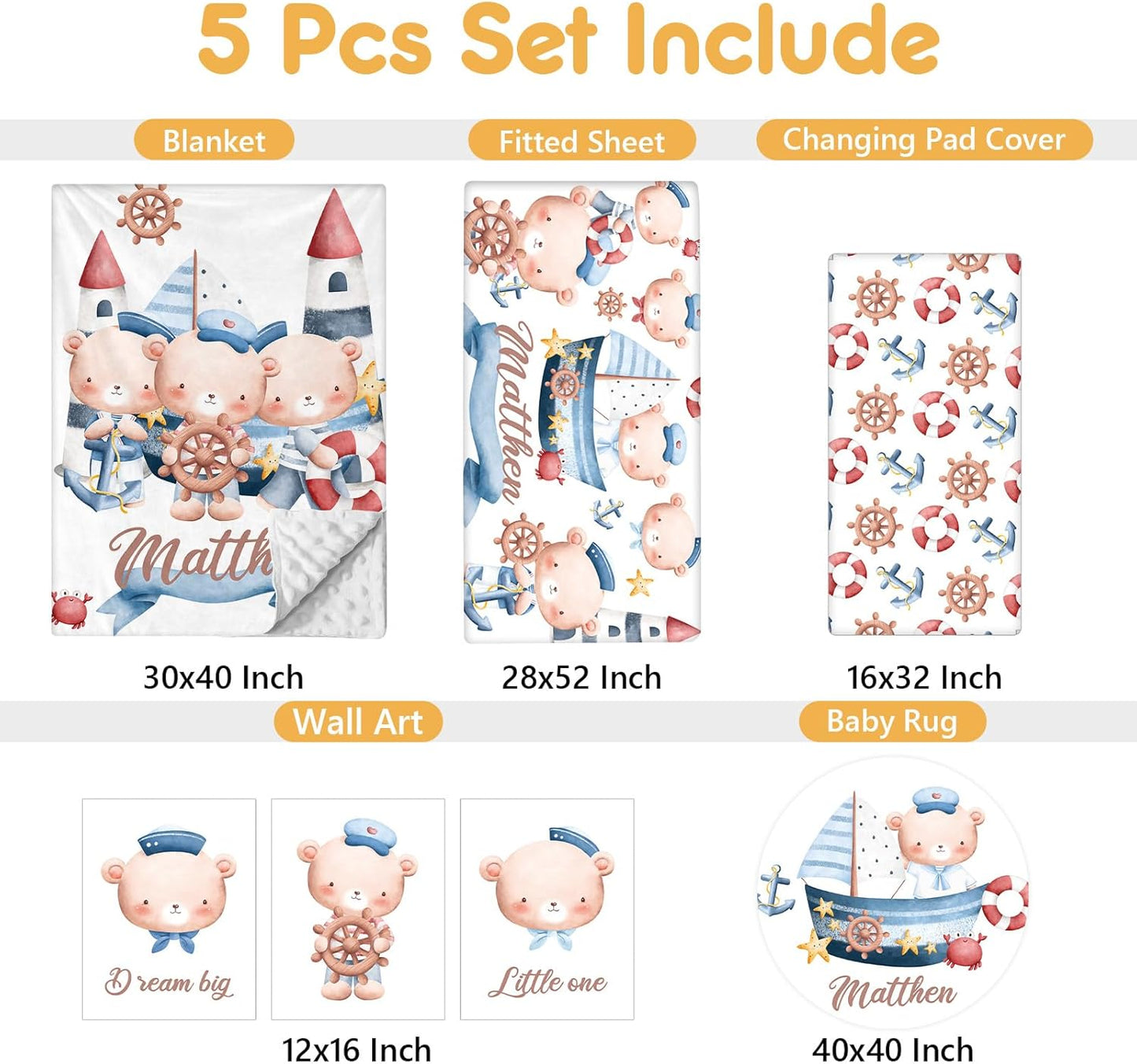Custom Baby Bedding Set, 5 Pcs Customized Nursery Bedding Set with Name, Comfortable Double Layer Crib Sets for Boys Girls, Personalized Gifts for Infants Toddlers New Parents, Sailing Bear
